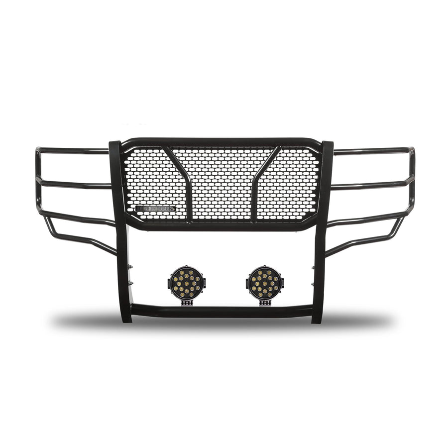 Heavy Duty Black Horse Rugged Grille Brush Bumper Guard Modular Black Come with Pair of 7.0" Dia.LED Lights with Black Trim Rings Compatible with 2015-2019 Silverado 3500 HD/2500 HD-RU-CHSI15-B-PLB