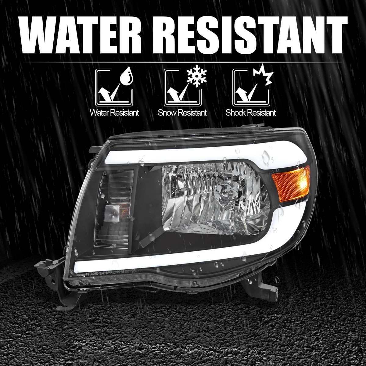 Black Headlights w/LED Tube SPEC-D TUNING Compatible with 2005-2011 Toyota Tacoma, Left + Right Pair Headlamps Assembly