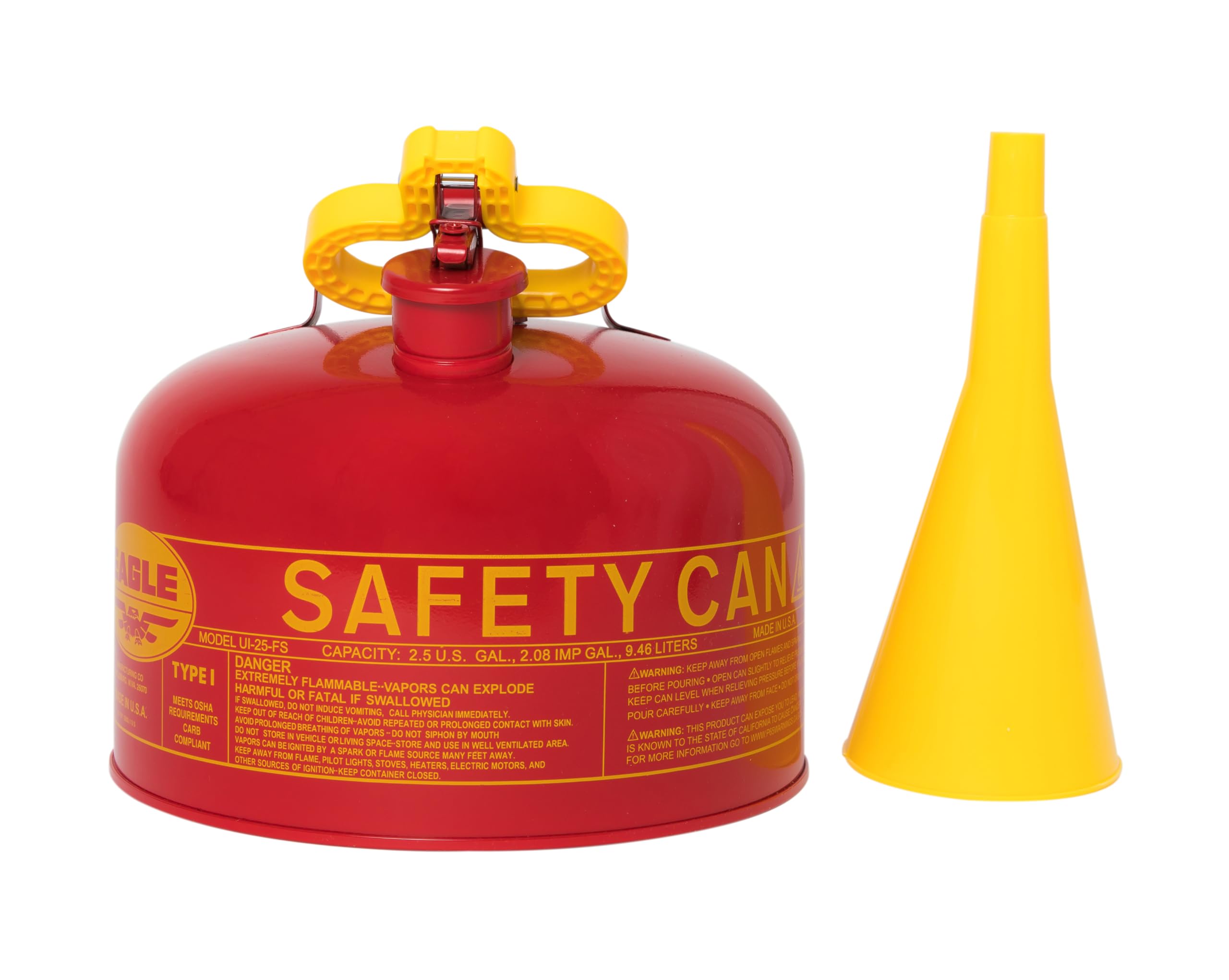 2.5 Gallon Eagle Type I Red Safety Gas Can for Gasoline with Flame Arrester, Self-Closing Lid, and F-15 Funnel, Made in the USA, Galvanized Steel Flammable Storage Can, UI25FS
