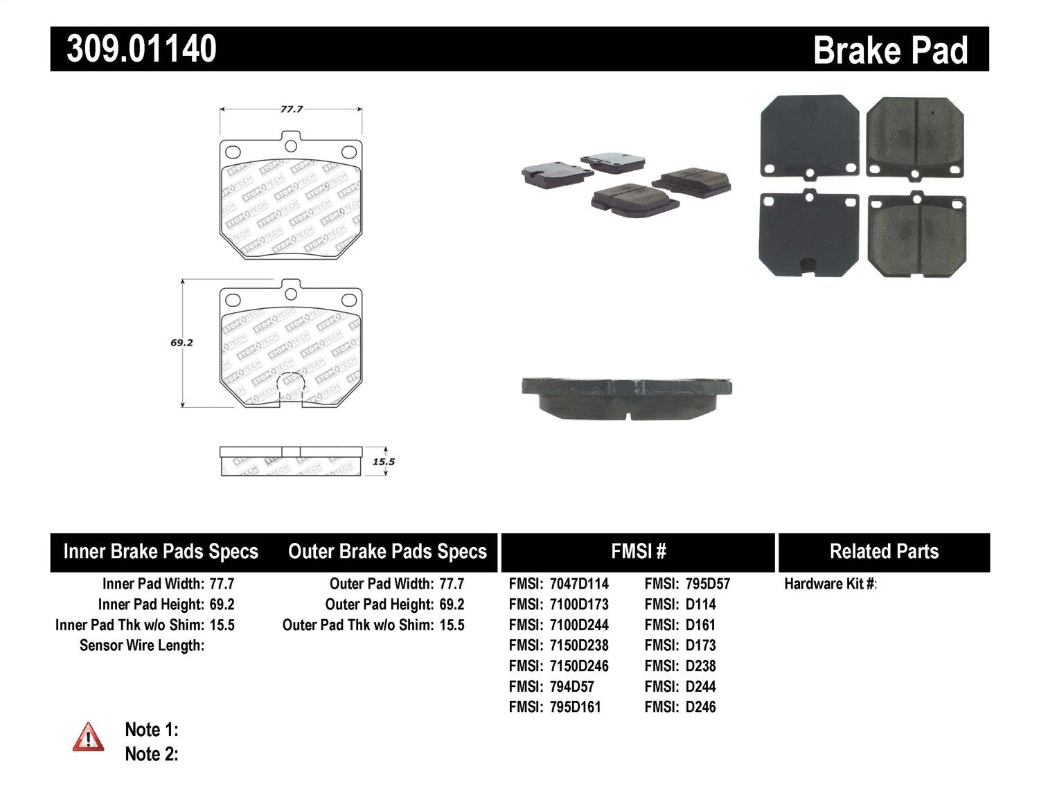 Sport Brake Pads StopTech 309.01140 with Shims and Hardware