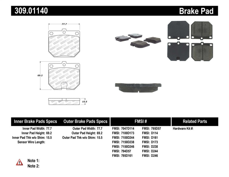 Sport Brake Pads StopTech 309.01140 with Shims and Hardware