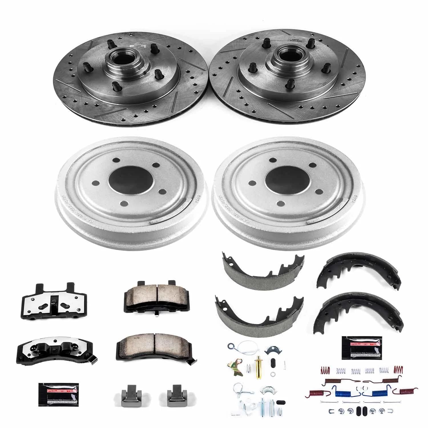 Power Stop K15089DK-36 Z36 Truck & Tow Front and Rear Brake Kit Carbon Fiber Ceramic Brake Pads and Drilled/Slotted Brake Drums For E-150 Econoline E-150 Econoline Club Wagon F-150 [Model Specific]