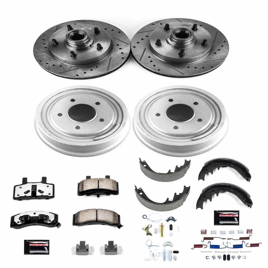 Power Stop K15089DK-36 Z36 Truck & Tow Front and Rear Brake Kit Carbon Fiber Ceramic Brake Pads and Drilled/Slotted Brake Drums For E-150 Econoline E-150 Econoline Club Wagon F-150 [Model Specific]