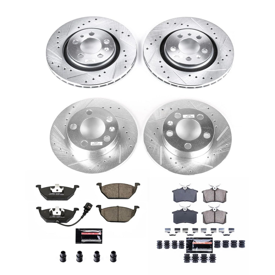 Power Stop K840 Z23 Carbon Fiber Brake Pads Front and Rear with Drilled and Slotted Brake Rotors Kit For 1999 2000 2001 2002 2003 2004 2005 VW Jetta