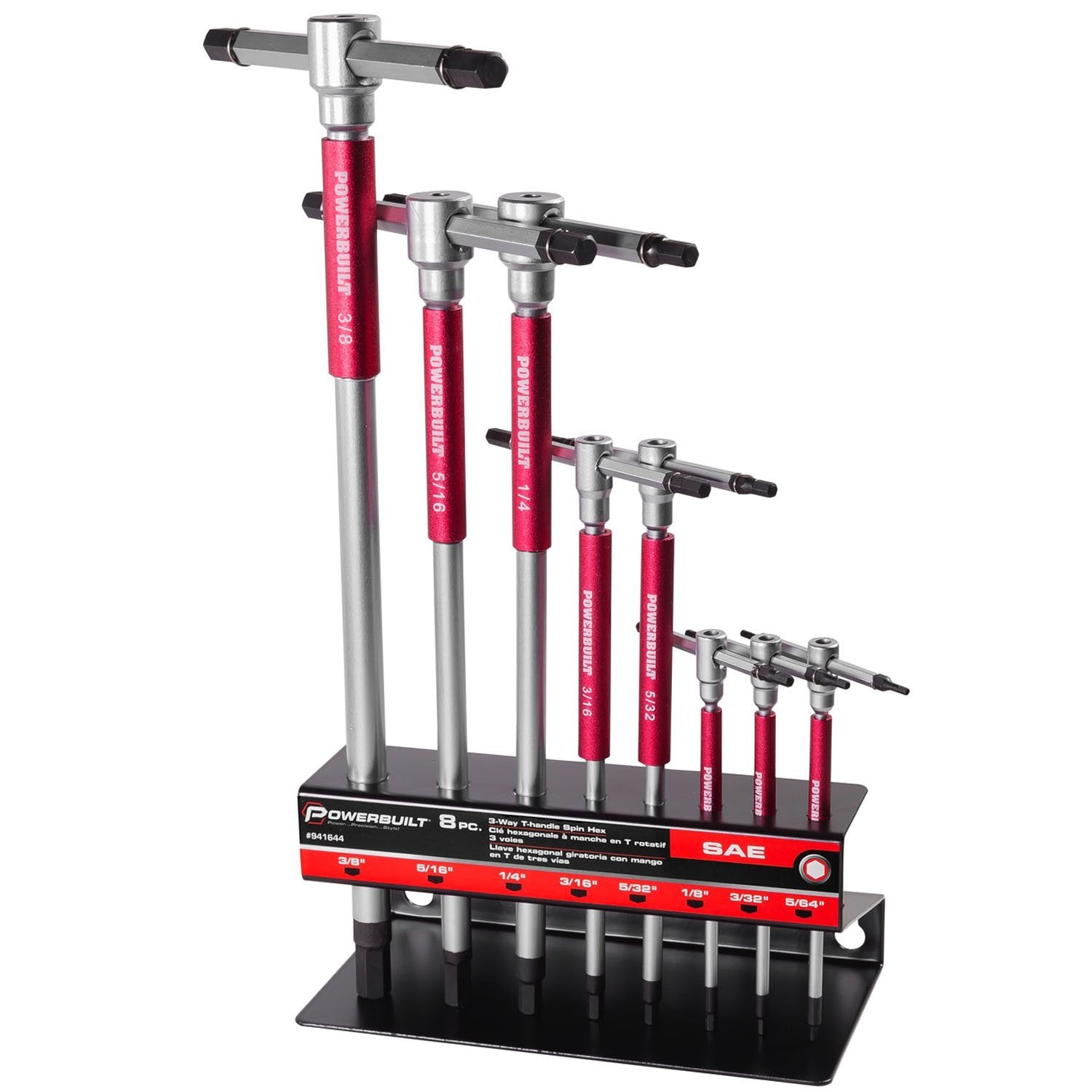 Powerbuilt 8 Pc T-Handle SAE Hex Allen Key Wrench Set w/ Speed Sleeves for Fast Spinning Action, Sliding Top Handle for “T” or “L” Shape, Long Shafts, Storage Rack, Auto, Bicycle, Moto - 941644 , Red