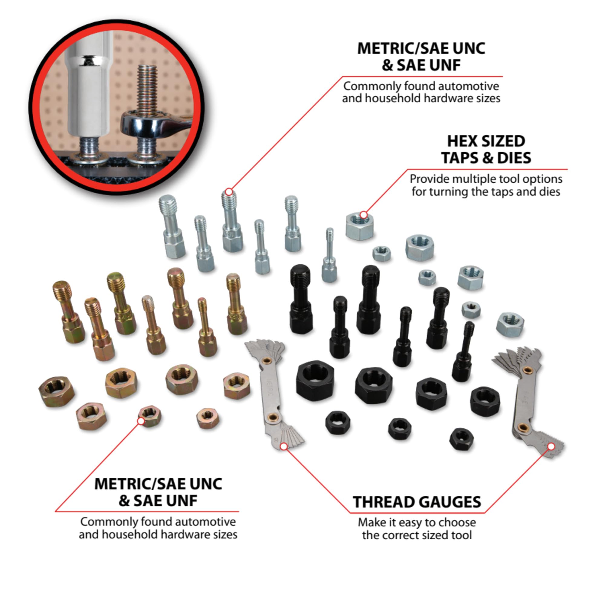 42 pc. Master Thread Restorer Kit Performance Tool W8660: Includes Metric/SAE UNC/UNF Discs, Tap Dies, and Thread Gauges to Restore Stripped or Damaged Nuts and Bolts