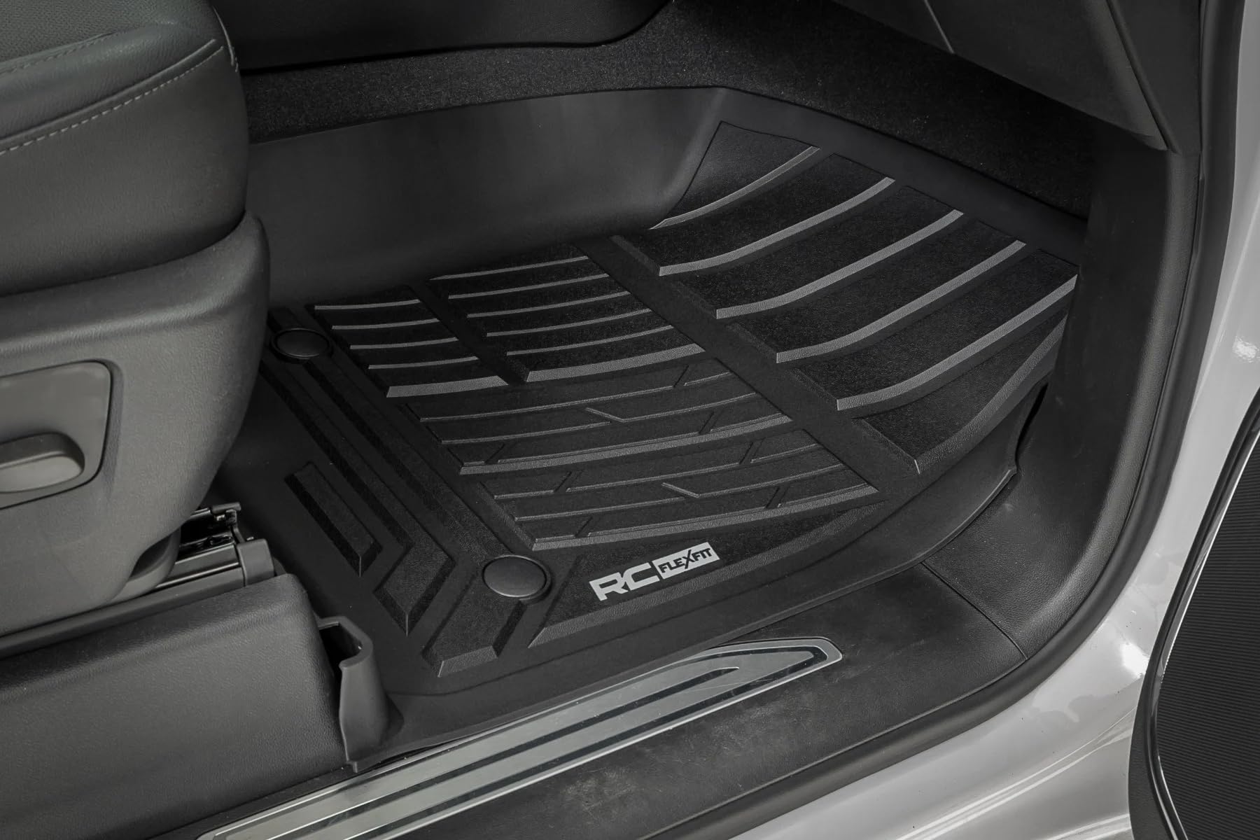 Flex-Fit Rough Country Front Floor Mats for Chevy Silverado & GMC Sierra 1500/2500HD/3500HD (2019-2026) Crew Cab - Custom All-Weather Non-Slip TPE Liners w/Spill Saver Lip