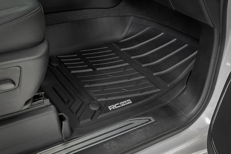Flex-Fit Rough Country Front Floor Mats for Chevy Silverado & GMC Sierra 1500/2500HD/3500HD (2019-2026) Crew Cab - Custom All-Weather Non-Slip TPE Liners w/Spill Saver Lip