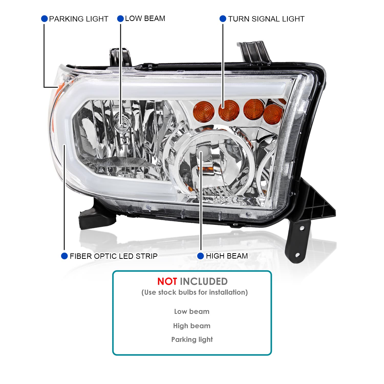 Chrome Headlights SPEC-D TUNING w/LED Tube Compatible with 2007-2013 Toyota Tundra, Left + Right Pair Headlamp Assembly
