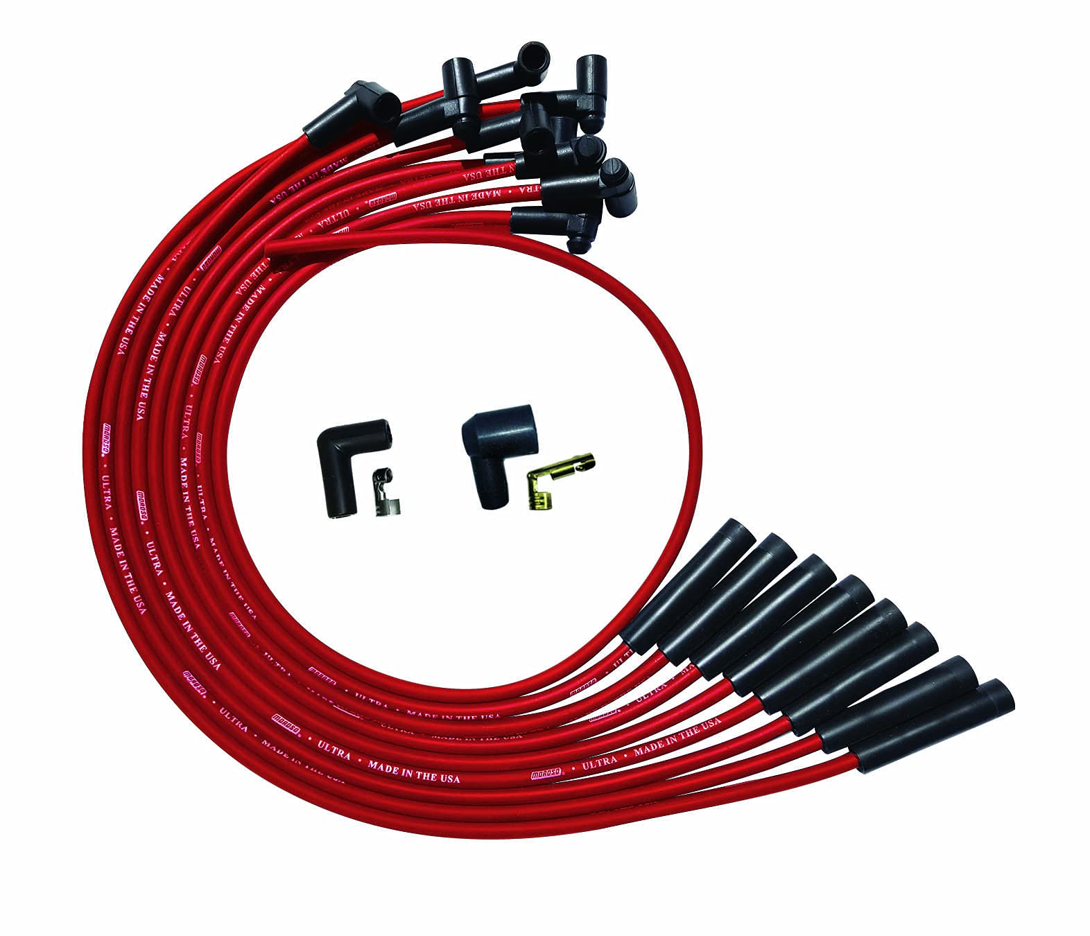 Moroso Ultra Series Red Spark Plug Wires, Big Block Chevy, Routing Under Header, 90 Degree Plug Ends, Non HEI Distributor