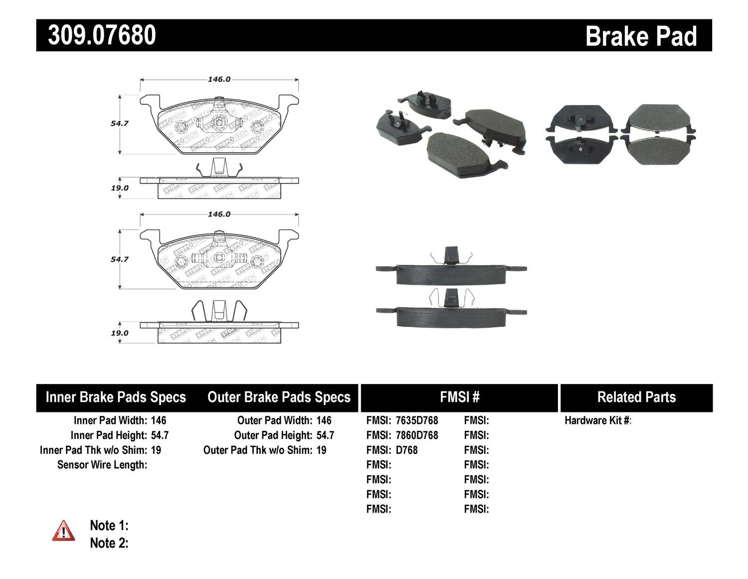 Sport Brake Pads StopTech 309.07680 with Shims and Hardware