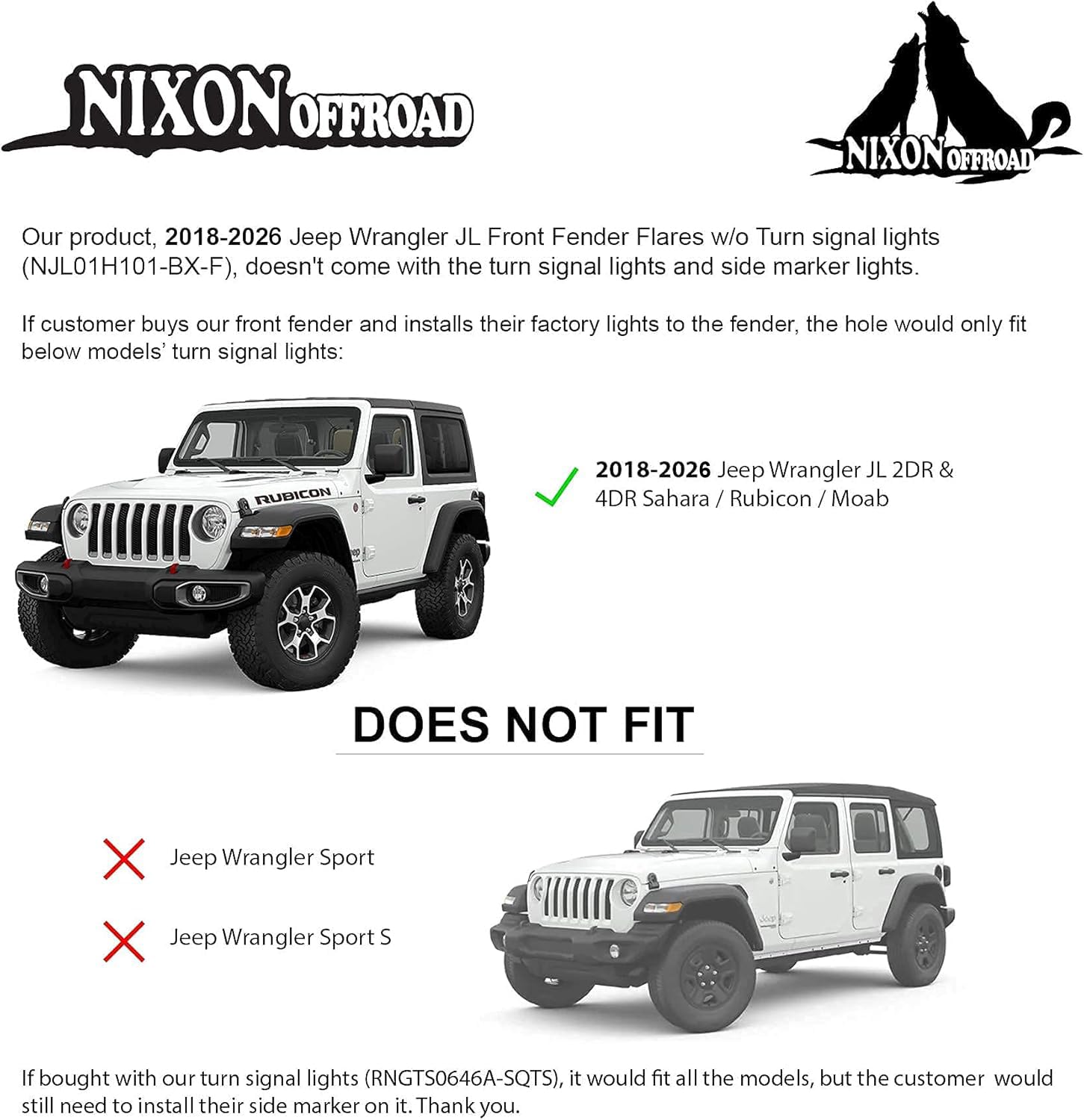 NIXON Front Fender Flares OFFROAD Compatible for Jeep Wrangler JL 2018 2019 2020 2021 2022 2023 2024 2025