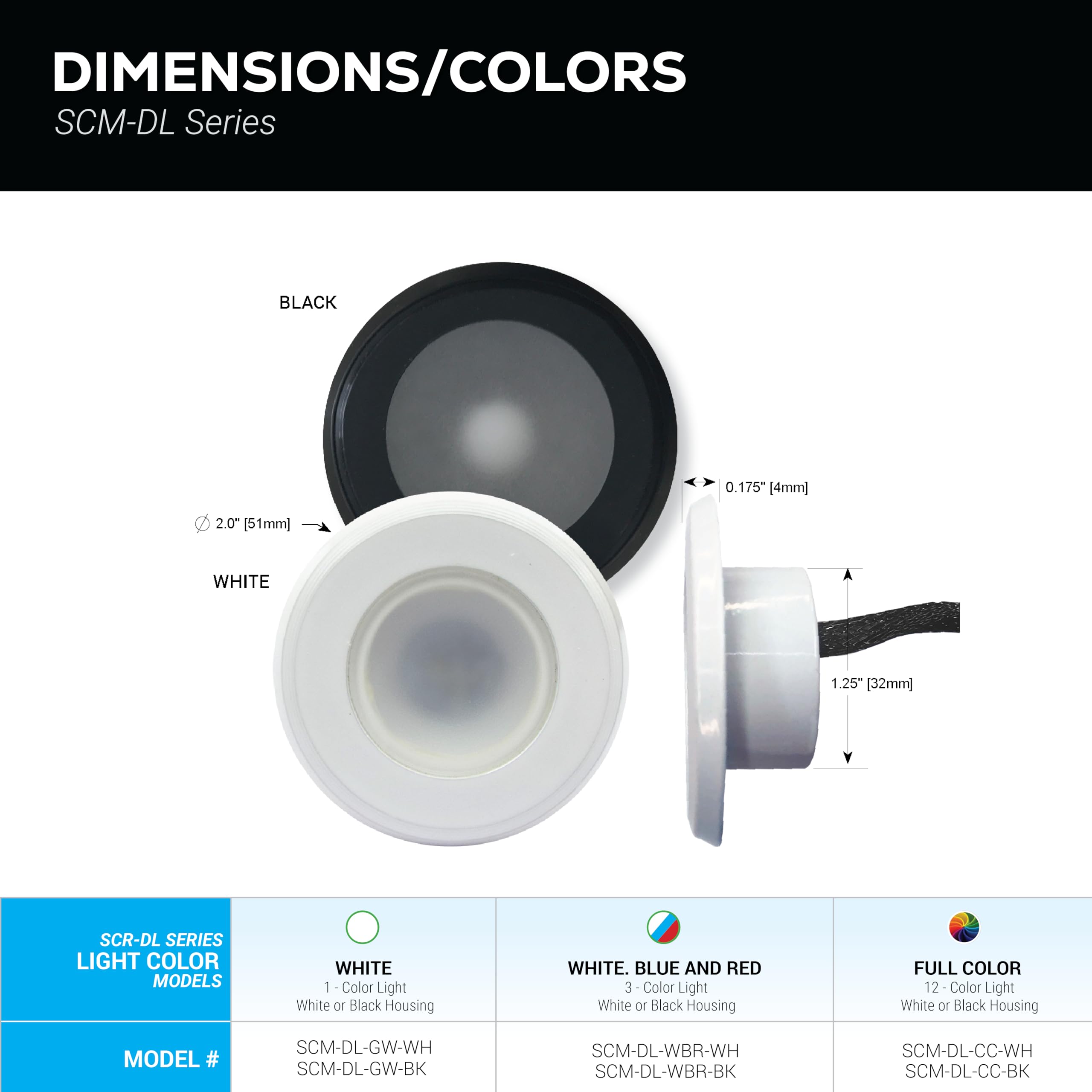 Large LED Down Light - shadow-caster Simplified 2" - Black Housing - Red/White/Blue - Waterproof