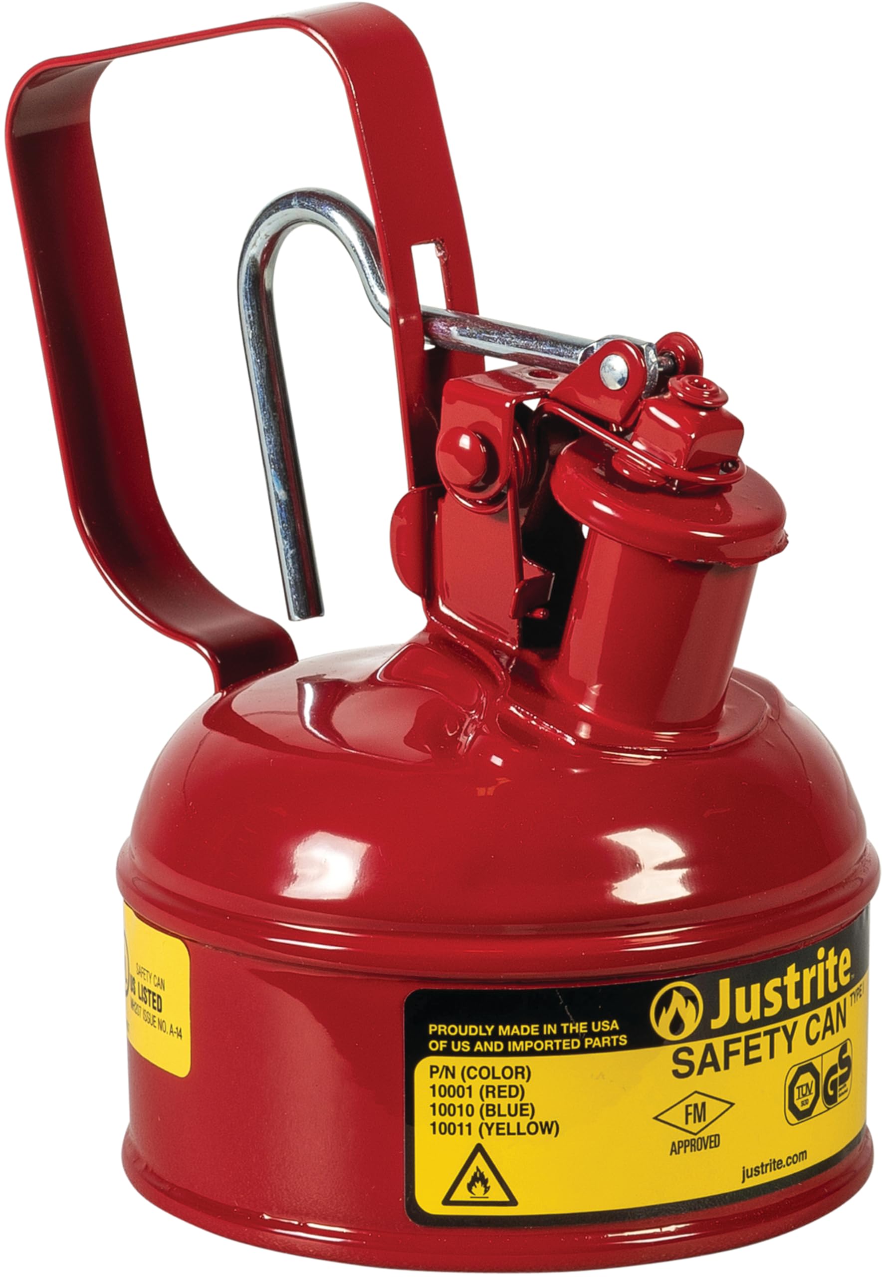 Justrite 1 Pint Red Type I Safety Gas Can for Gasoline with Flame Arrester, Self-Closing Lid, and Trigger Handle, Made in the USA, Galvanized Steel Flammable Storage Can, 10001