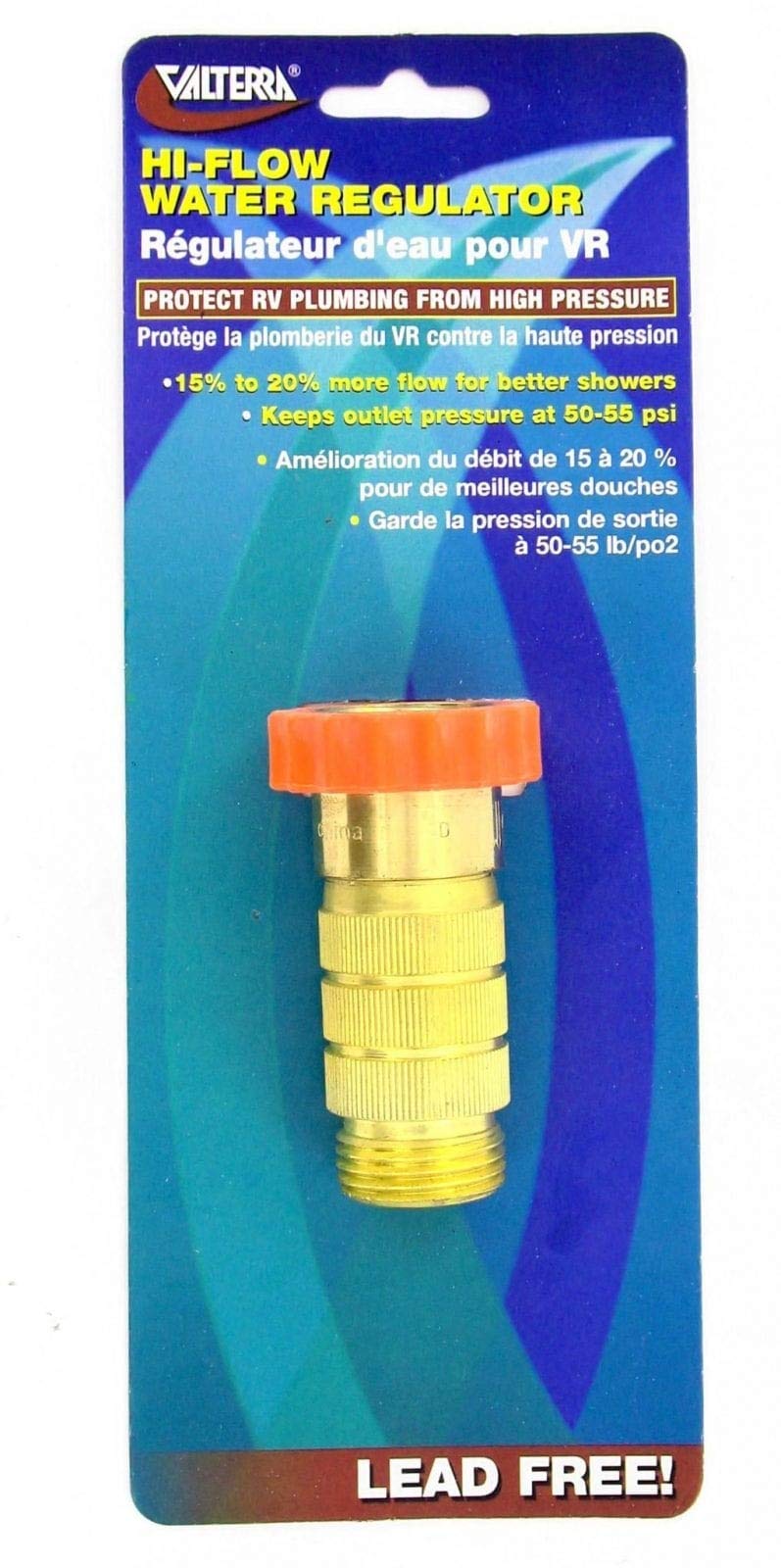 Valterra Hi-Flow RV Water Regulator, Lead-Free Brass Water Regulator for Camper, Trailer, RV Plumbing System, 50-55 psi
