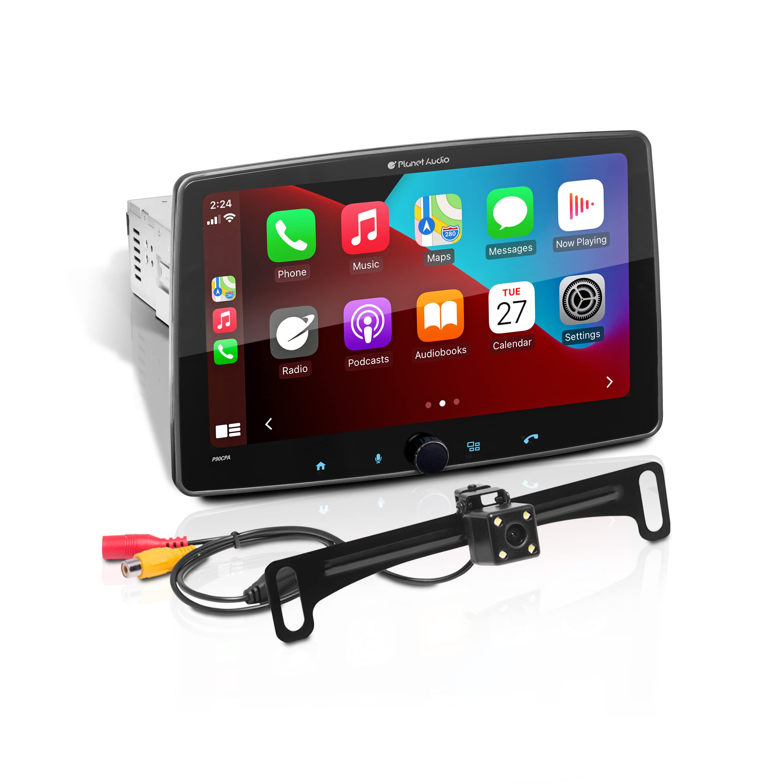 Apple CarPlay Planet Audio P90CPAC Android Auto Car Receiver - Single Din with 9 Inch Capacitive Touchscreen, Rear Camera Included, Bluetooth, No DVD, Multicolor Illumination