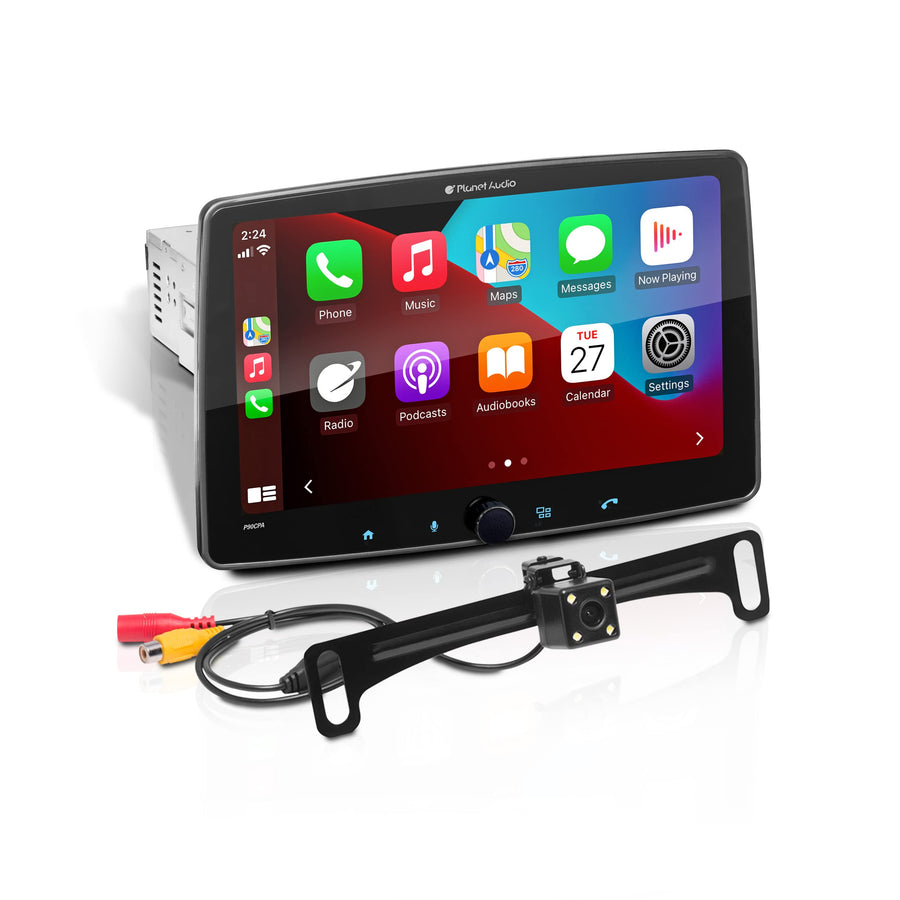 Apple CarPlay Planet Audio P90CPAC Android Auto Car Receiver - Single Din with 9 Inch Capacitive Touchscreen, Rear Camera Included, Bluetooth, No DVD, Multicolor Illumination
