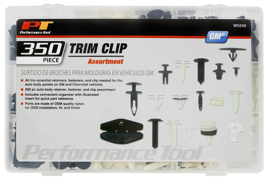 W5240 Performance Tool 350pc GM Trim Clip Assortment | Trim Clips for Doors, Bumpers, Paneling & More | Most Popular Sizes for General Motors | Case & Picture Insert for Quick Part identification