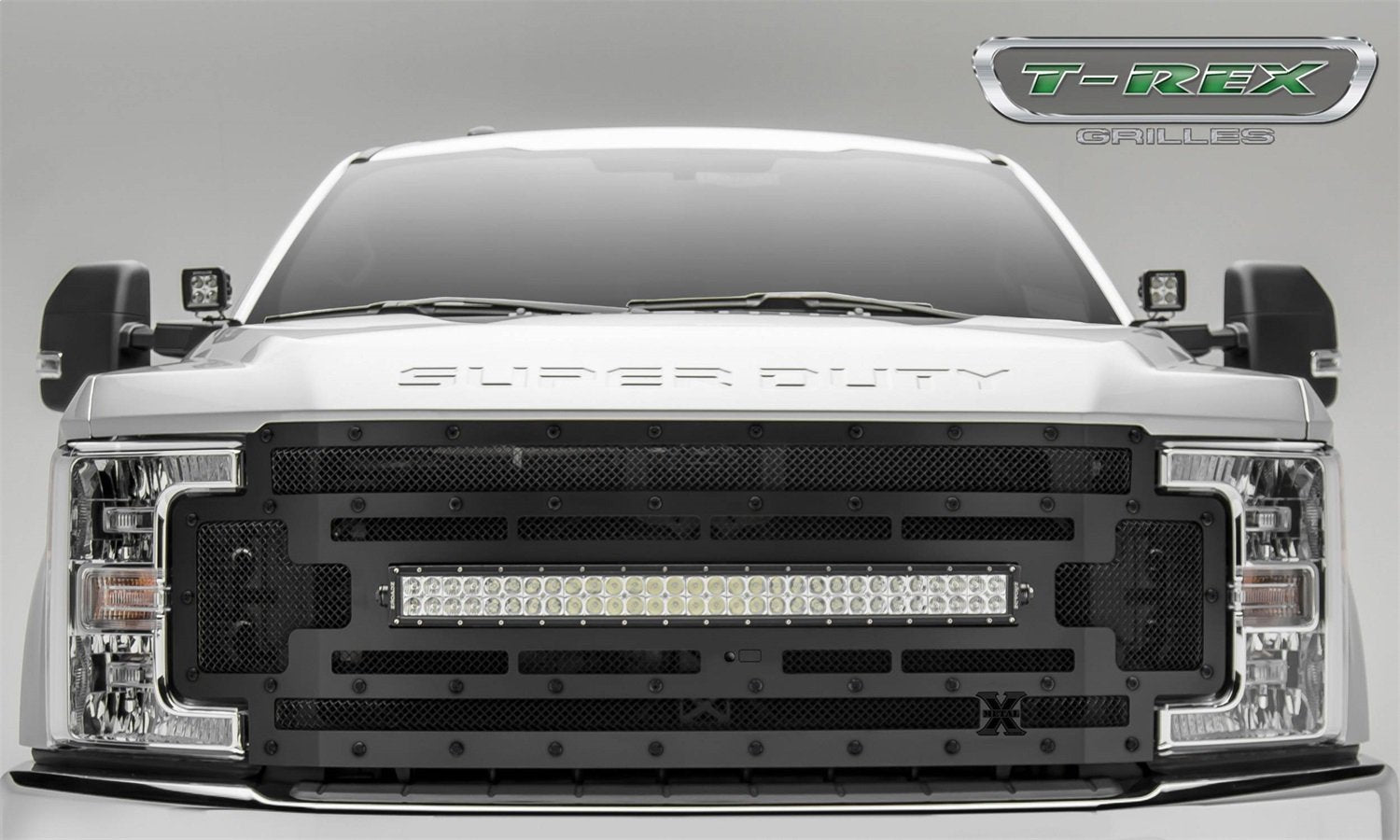 T-Rex Grilles Stealth Torch Grille 2017-2019 Super Duty, Black, 1 Pc, Replacement, Black Studs with (1) 30" LED, Fits Vehicles with Camera - PN #6315371-BR