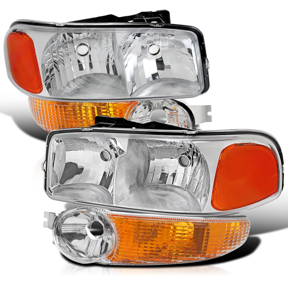 Chrome Headlights + Spec-D Tuning Bumper Lamps Compatible with 2000-2006 GMC Sierra 1500 2500 Yukon XL Denali, Left + Right Pair Assembly