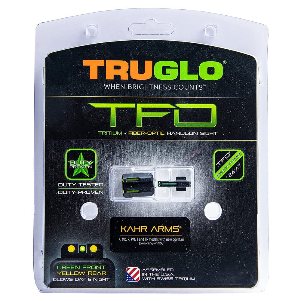 TFO TRUGLO Tritium & Fiber-Optic Handgun Sight | Durable Snag-Resistant Glowing Night Sight, Green Front Sight & Yellow Rear Sight Compatible with Kahr Arms Handguns