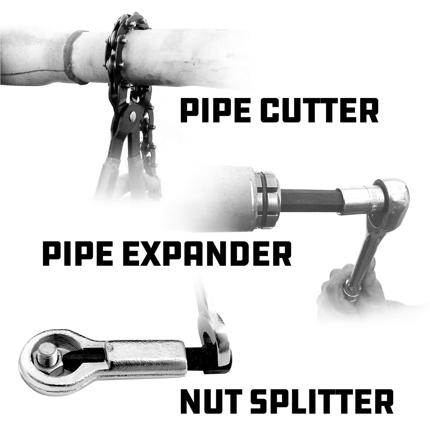 Powerbuilt 4 Piece Tool Set Exhaust Pipe, Repair Tailpipes, Expanders, Removing Dents, Chain Cutter, Nut Splitter, Import and Domestic Vehicles 648612
