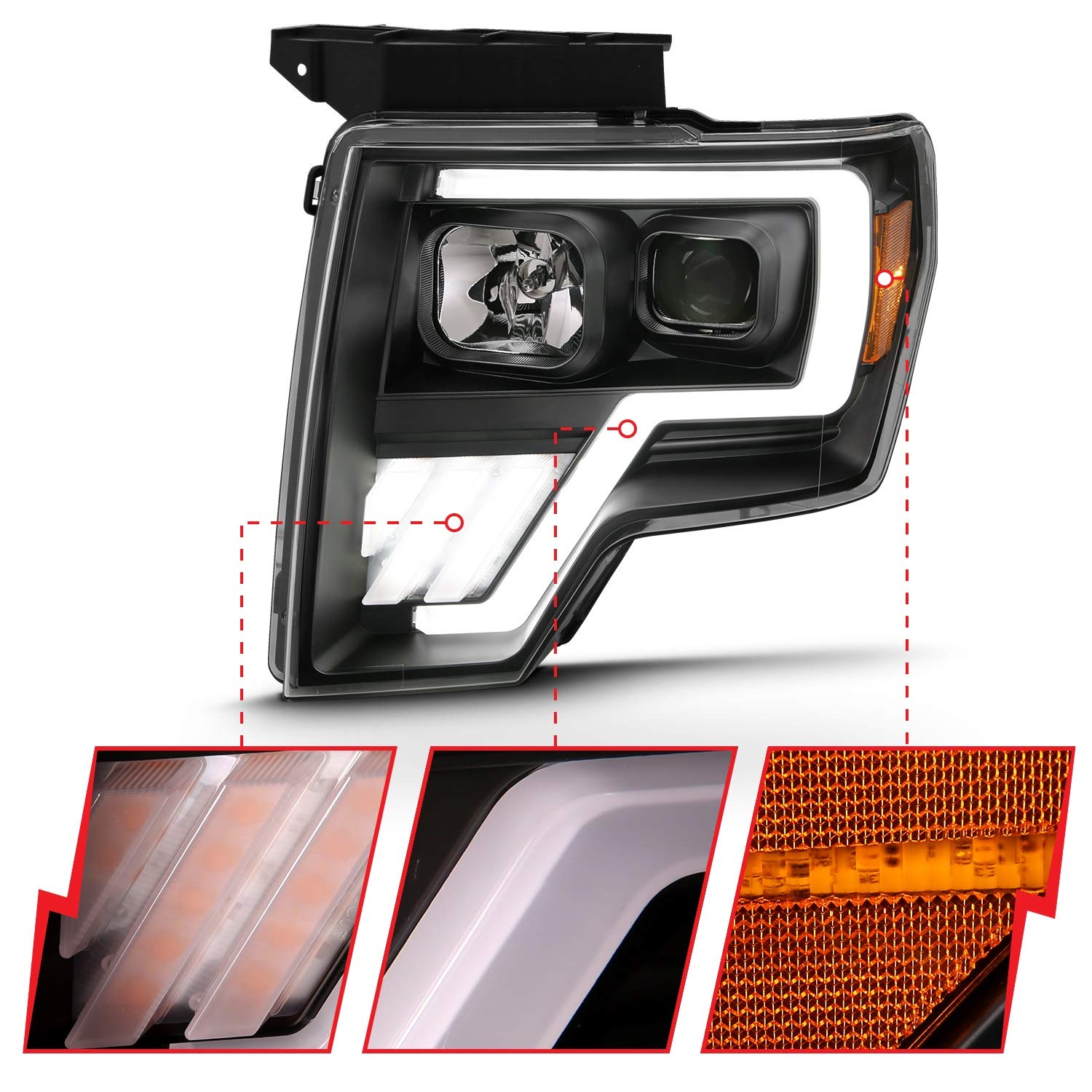 2009-2013 Ford F-150 ANZO (111469) G4 Switchback Projector Light Bar H.L.Black Amber