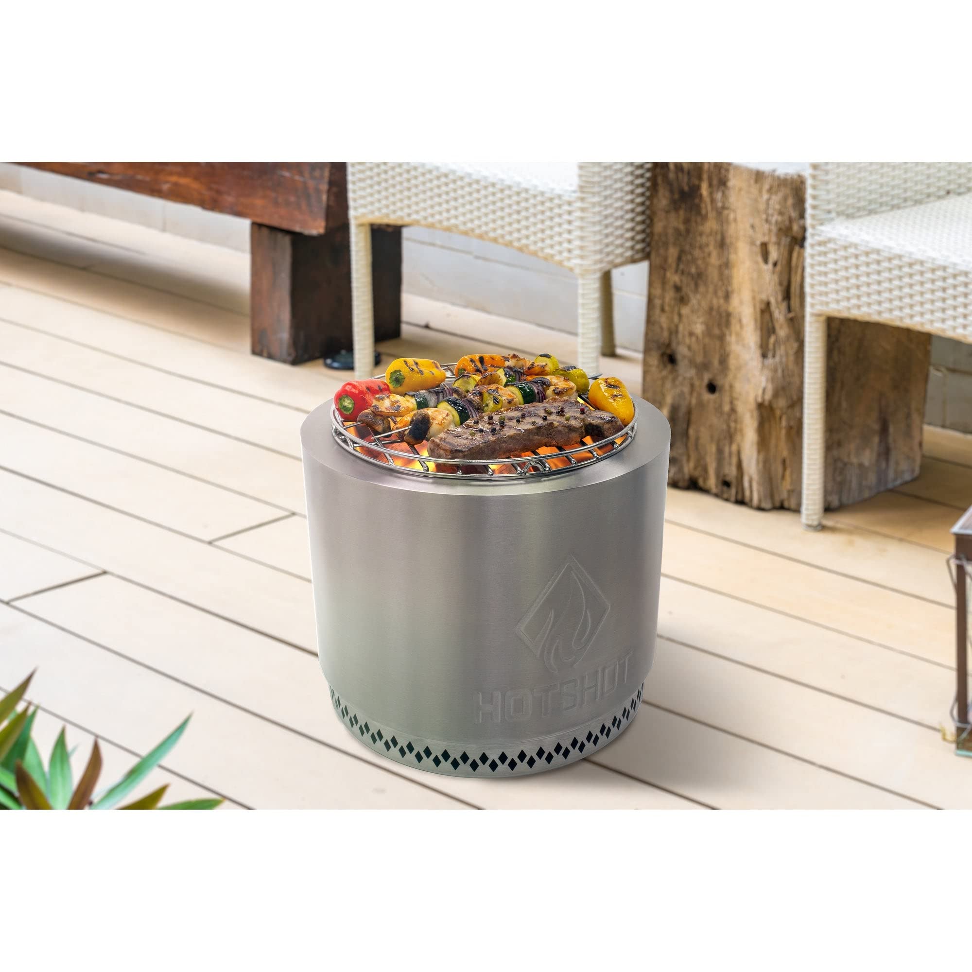 Hotshot 15" Wood Burning Fire Pit Grill Silver Round Stainless Steel
