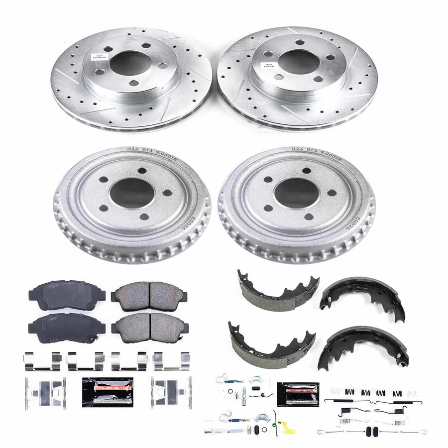 Power Stop K15149DK Z23 Carbon Fiber Brake Pads Front and Rear with Drilled & Slotted Brake Drums Kit