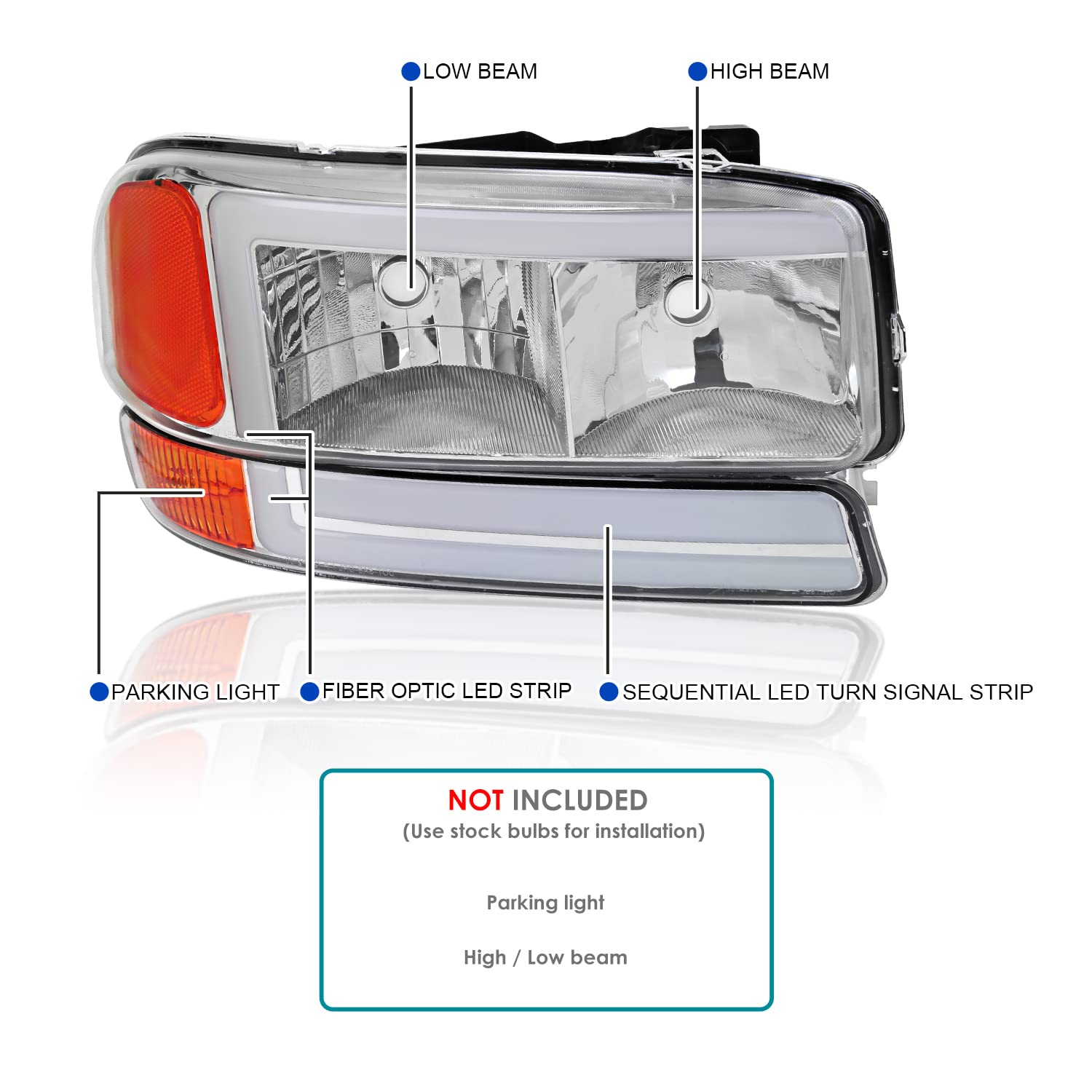 Chrome LED Tube Headlights + Sequential Bumper Lights SPEC-D TUNING Compatible with 1999-2006 GMC Sierra 1500/2500/3500