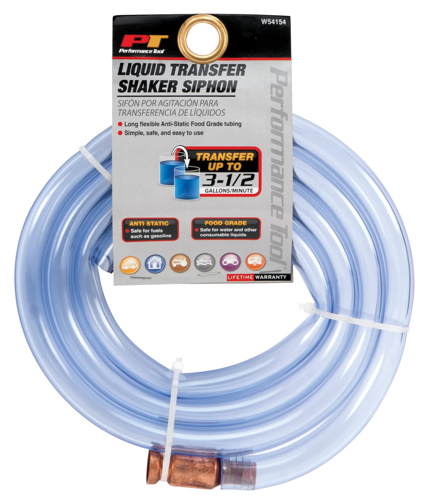 3.5 GPM Performance Tool W54154 Food-Grade Liquid Transfer Shaker Siphon Tube Hose, Clear Blue, 6-foot Tube