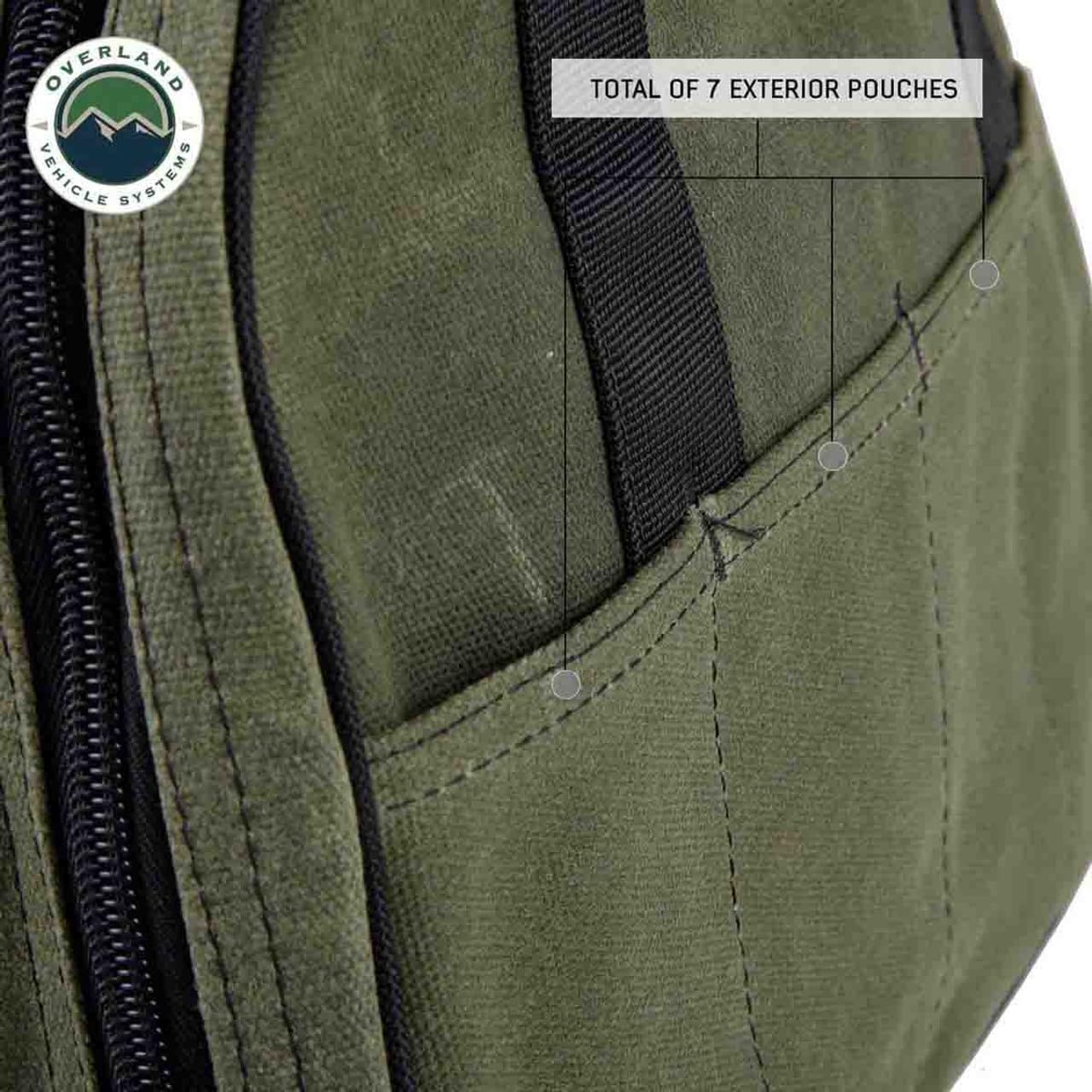 Jumper Cable Storage Bag Overland Vehicle Systems - #16 Waxed Canvas - Infused with Paraffin Wax Waterproofing - 7 Outside Tool Pockets, 3 Internal Tool Pockets, Two Heavy Duty Velcro Straps