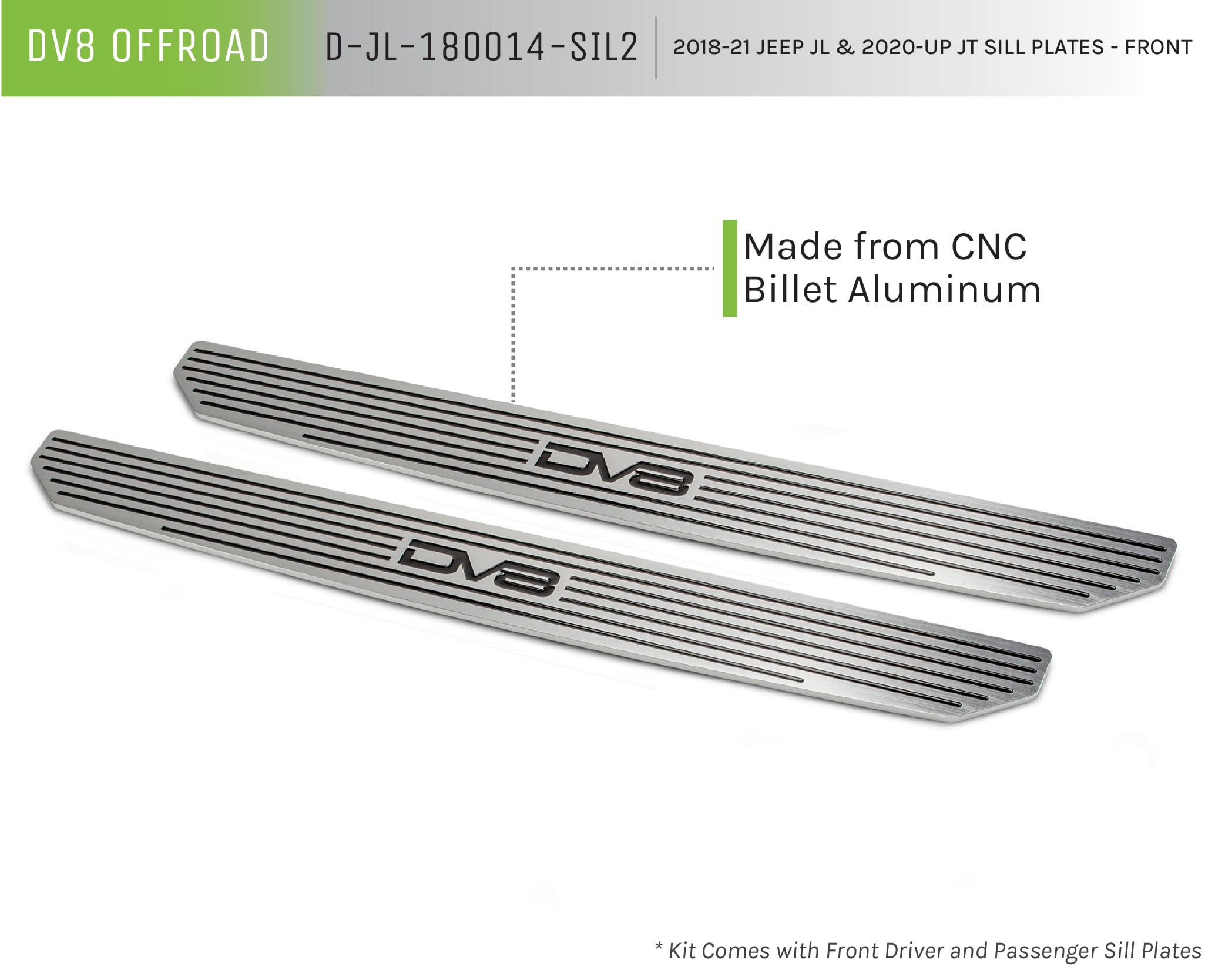 Door Sill Plates DV8 Offroad for 2018-Current Wrangler JL and 2020-Current Gladiator JT | Front Pair | Embossed with DV8 Logo | Billet Aluminum Construction | D-JL-180014-SIL2