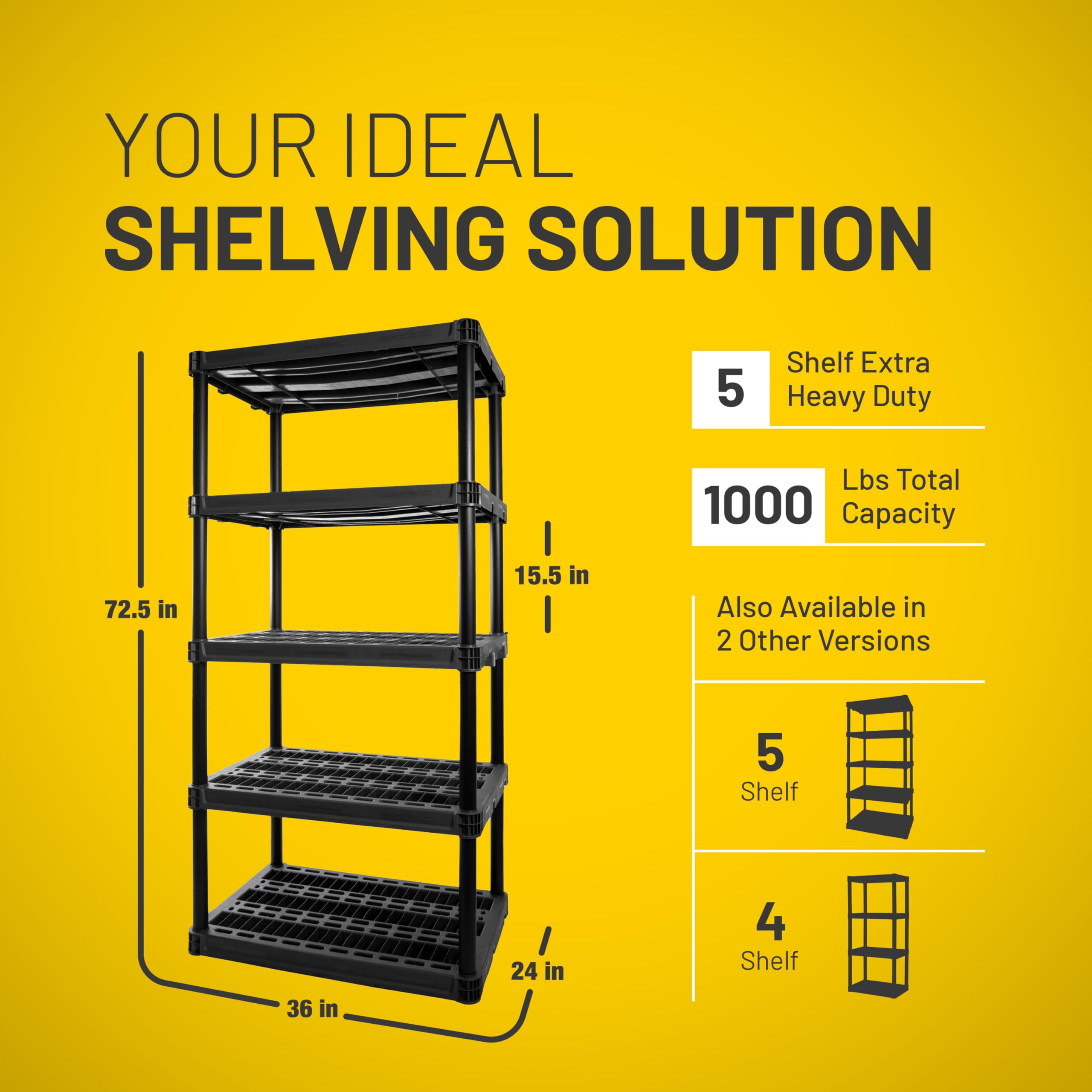 5-Shelf Plano Extra Heavy Duty Plastic Storage Shelves, 72.5” x 36” x 24”, 1000lb Capacity, Pantry, Office, Closet and Garage Shelves, Easy to Assemble, Durable Plastic Shelving Unit