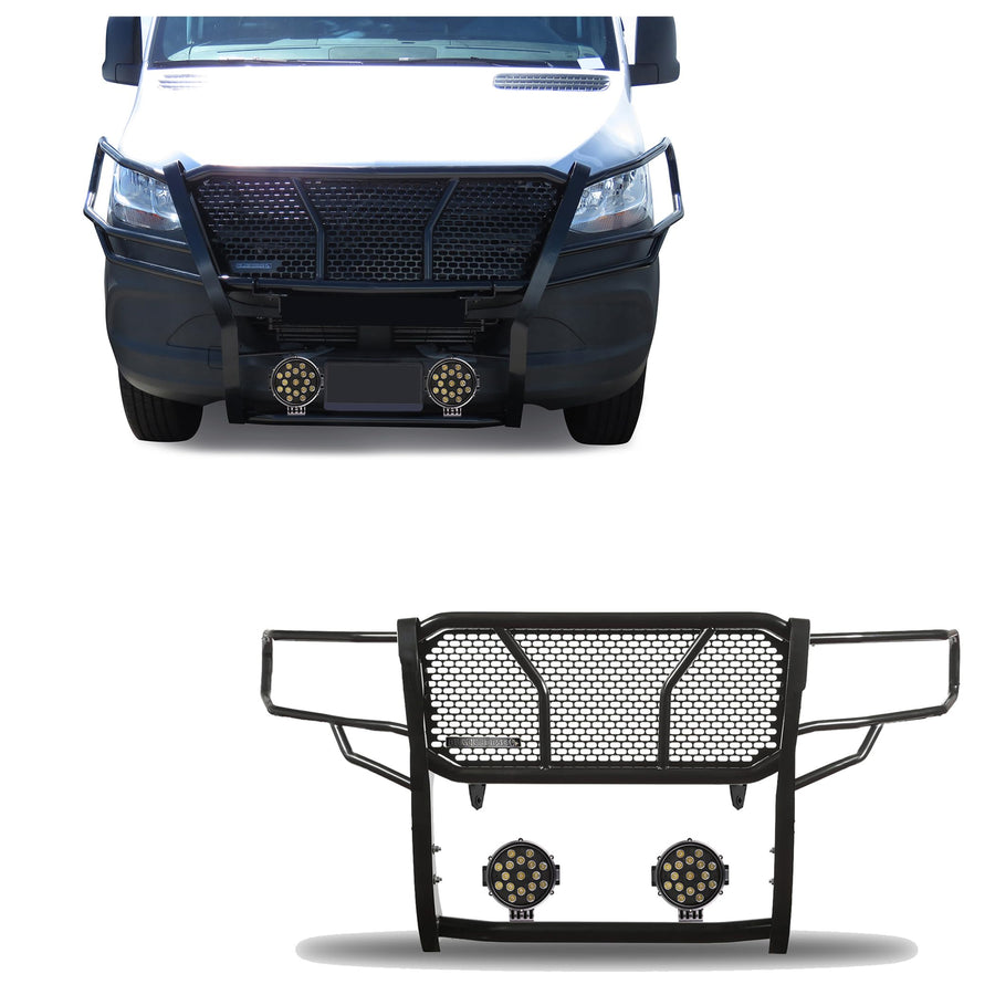 RUGGED HD Black Horse Grille Brush Bumper Guard Modular Come With pair of 7.0"LED Light with Black Trim Ring Compatible with 2019-2025 Dodge Sprinter-Benz sprinter 1500/2500/3500-RU-DOSP19-B-PLB