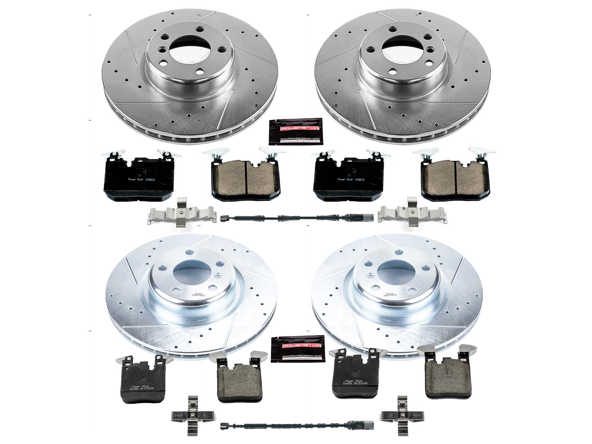 Power Stop K6655 Z23 Carbon Fiber Brake Pads Front and Rear with Drilled & Slotted Brake Rotors Kit and 1 Front & 1 Rear Sensor Wires