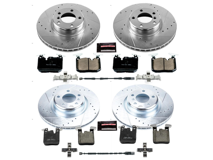 Power Stop K6655 Z23 Carbon Fiber Brake Pads Front and Rear with Drilled & Slotted Brake Rotors Kit and 1 Front & 1 Rear Sensor Wires