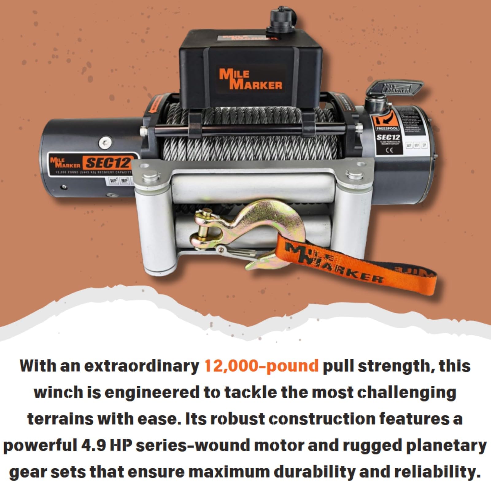 SEC12 Mile Marker 76-50251BW Winch - 12000 lb. Pull Strength - Steel Cable & Roller Fairlead - Built for Tough Terrains - Waterproof - Handheld Remote Controller Included - Withstands Rigorous Use