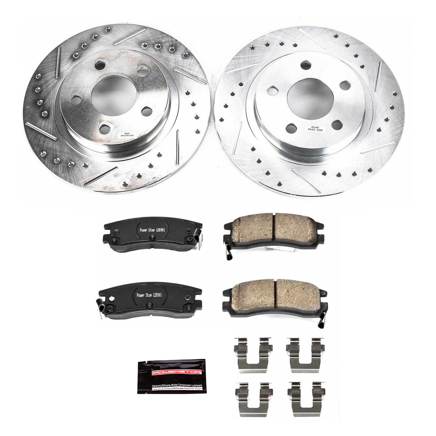 Power Stop K1566 Z23 Carbon Fiber Brake Pads Rear with Drilled & Slotted Brake Rotors Kit For Buick Park Avenue, Cadillac DeVille, Cadillac Seville, Pontiac Bonneville [Model Specific]