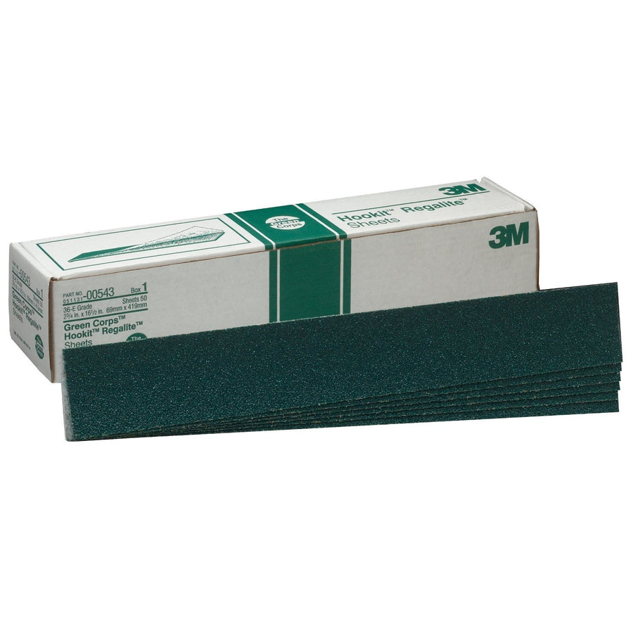 3M Green Corps Hookit Sheet, 36, 00543, 2-3/4 in x 16-1/2 in, 50 sheets per carton