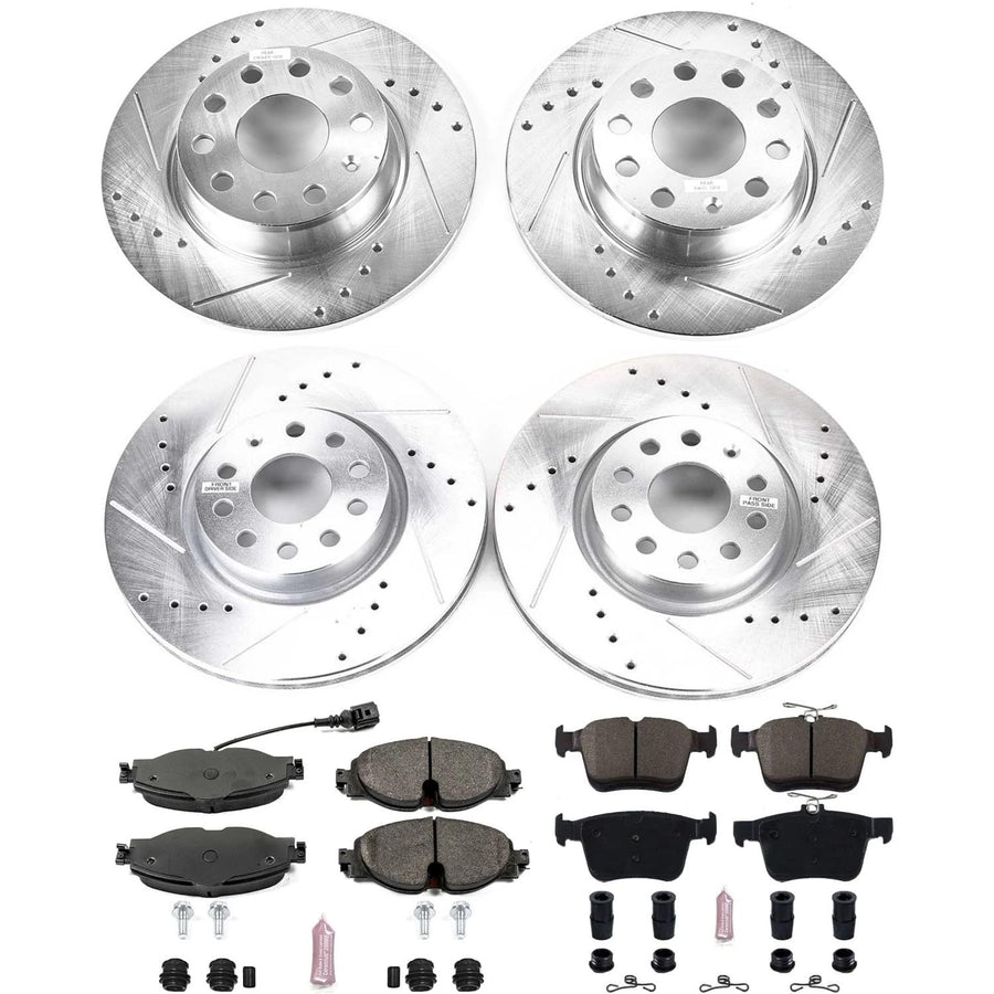Power Stop K7502 Z23 Evolution Sport Brake Upgrade Kit Front & Rear and 1 Front Sensor Wire For Audi A3, Audi A3 Quattro, Audi A3 Sportback e-tron, VW Taos [Model Specific]