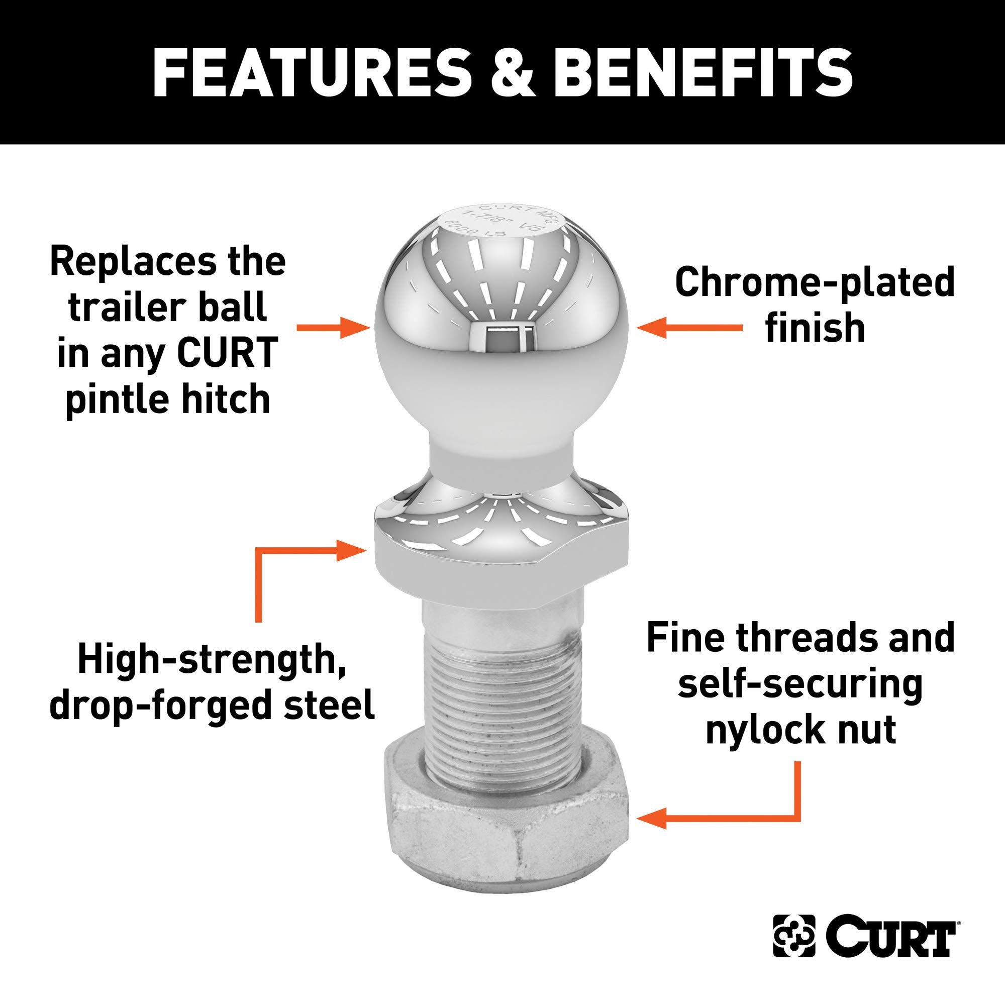 CURT Replacement 1-7/8-Inch Pintle Hitch Ball 48810, 6,000 lbs, 1-1/4-Inch Shank Diameter