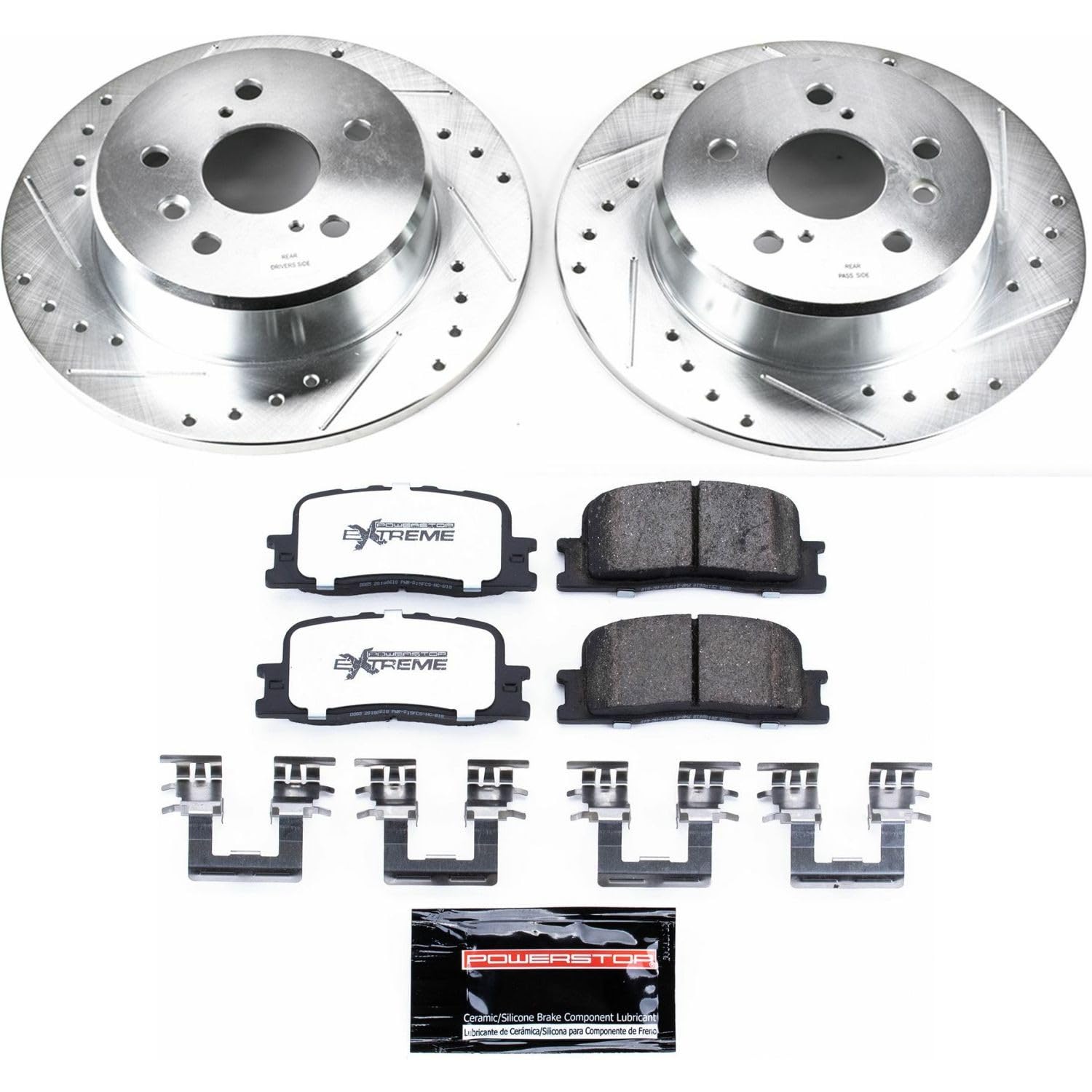 Rear Brake Kit Power Stop For 2001 2002 2003 Toyota Highlander - Truck & Tow Carbon Fiber Ceramic Brake Pads & Drilled and Slotted Rotors Replacement, K1148-36
