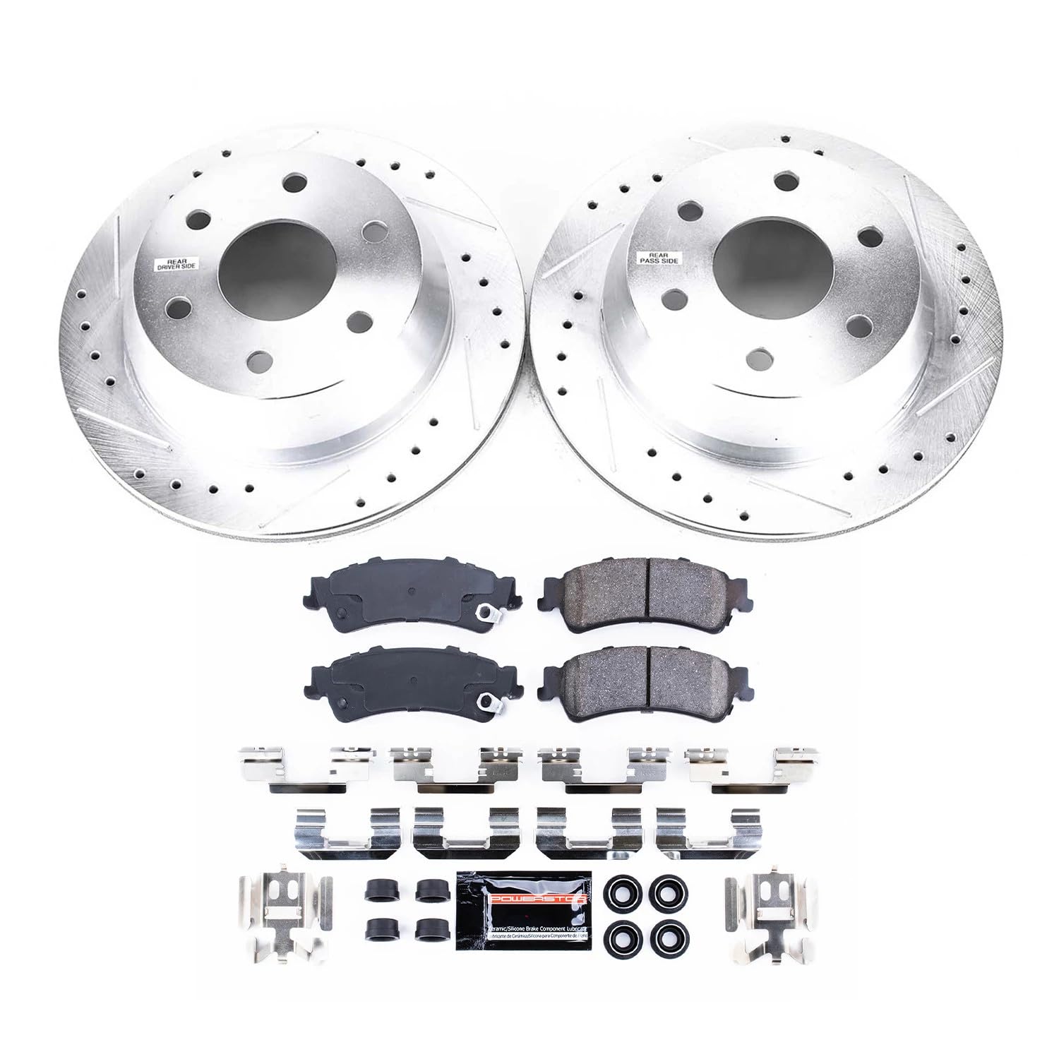 Power Stop K2018 Rear Brake Pads Z23 Carbon Fiber with Drilled and Slotted Brake Rotors Kit For Chevy Silverado 1500 Suburban 1500 | GMC Sierra 1500 Yukon XL Yukon Denali [Application Specific]