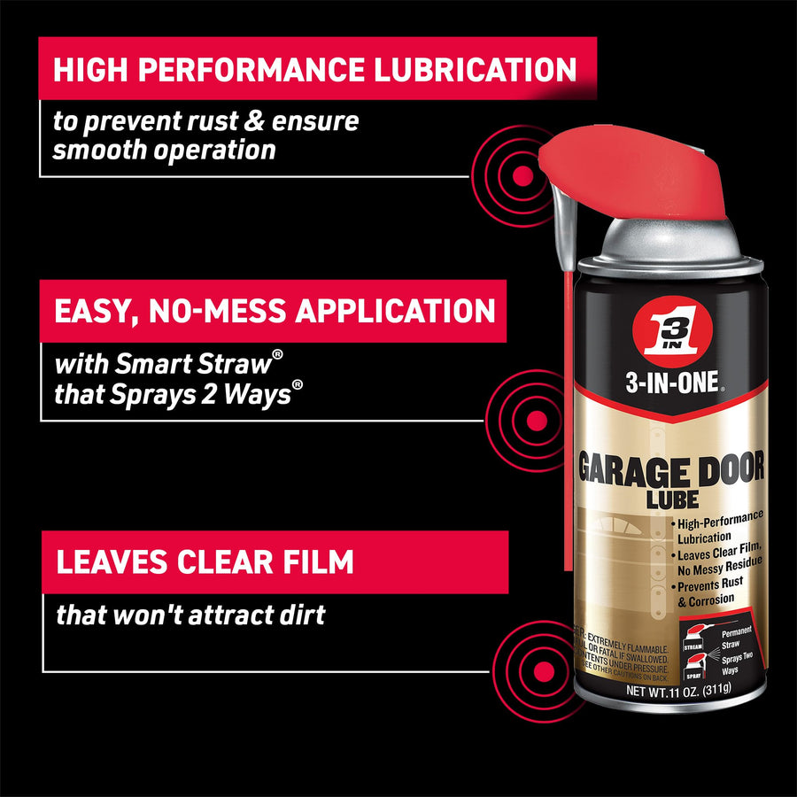 Garage Door Lubricant 3-IN-ONE with SMART STRAW SPRAYS 2 WAYS, 11 OZ