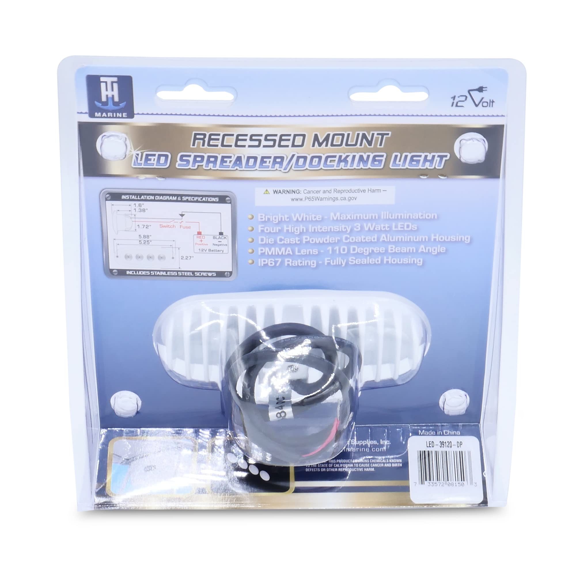 T-H Marine LED Spreader Light – Super Bright Oval Recessed Mount 4-Element Flood Deck Light for T-Top Enclosures – Powder Coated Aluminum Marine Deck Light – White, 5.875" x 1.75" x 1.625"