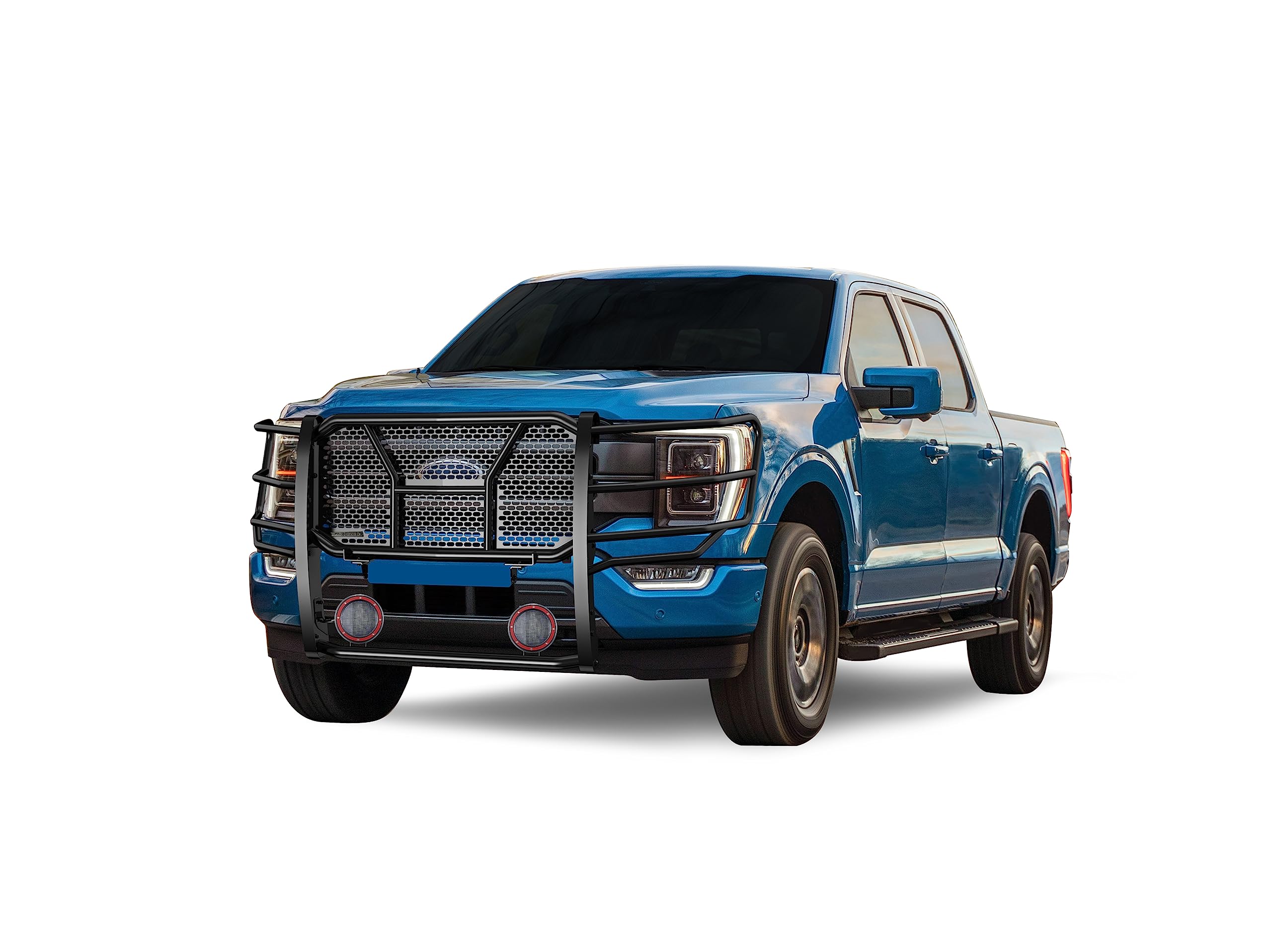 Heavy Duty Black Horse Rugged Grille Brush Bumper Guard Modular Black Come with Pair of 5.3" Dia.LED Lights with Red Trim Rings Compatible with 2021-2024 Ford F-150-RU-FOF116-B-PLFR
