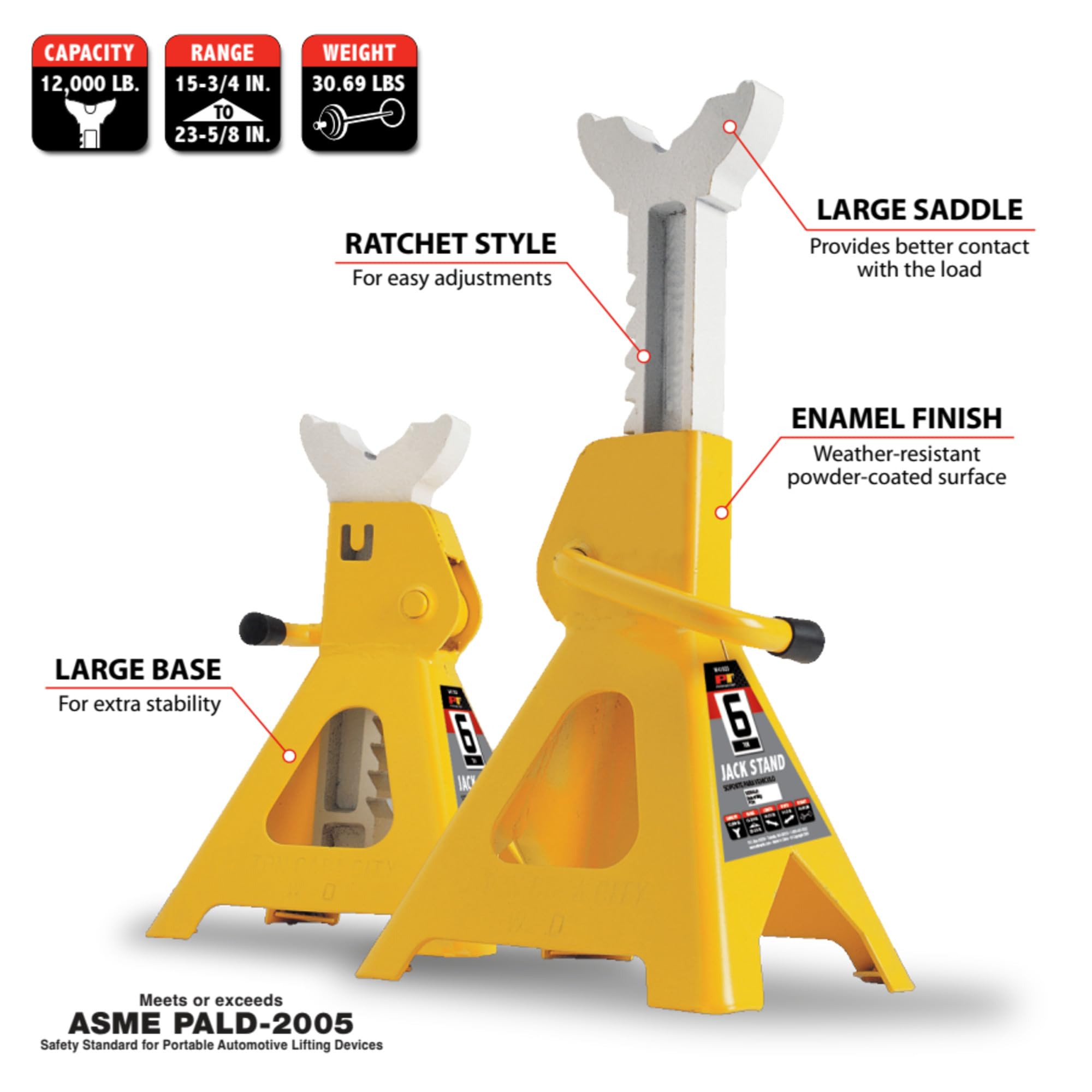W41023 Performance Tool Ratchet Style Jack Stand Set for Lifting Vehicles During Maintenance, Yellow, 6-Ton