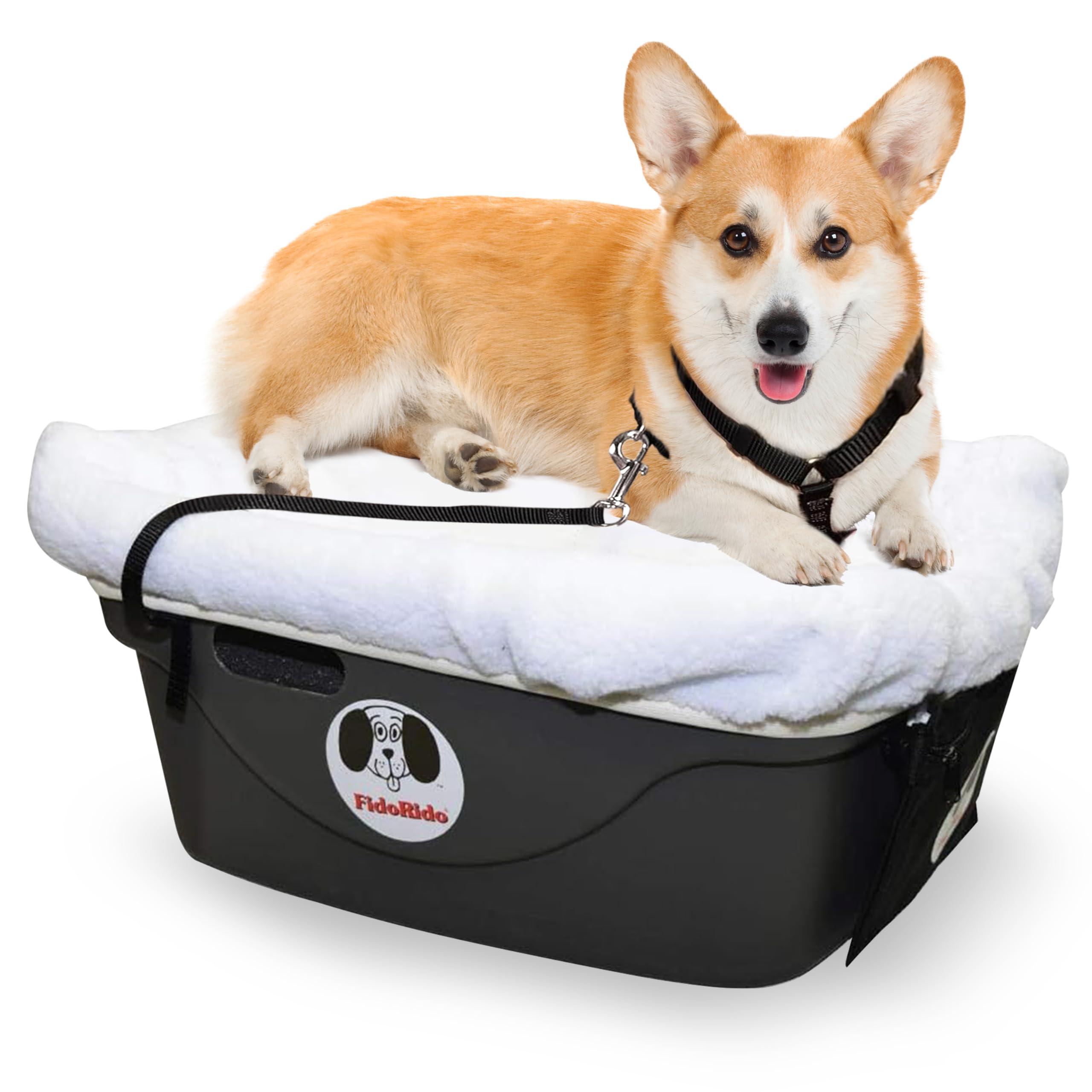Dog Car Seat FidoRido - Booster Seat for Small to Large Dogs with Comfortable Cushions, Sherpa Cover, and Safety Straps, Easy to Install, and Ideal for Travel, White Sherpa - Small Harness