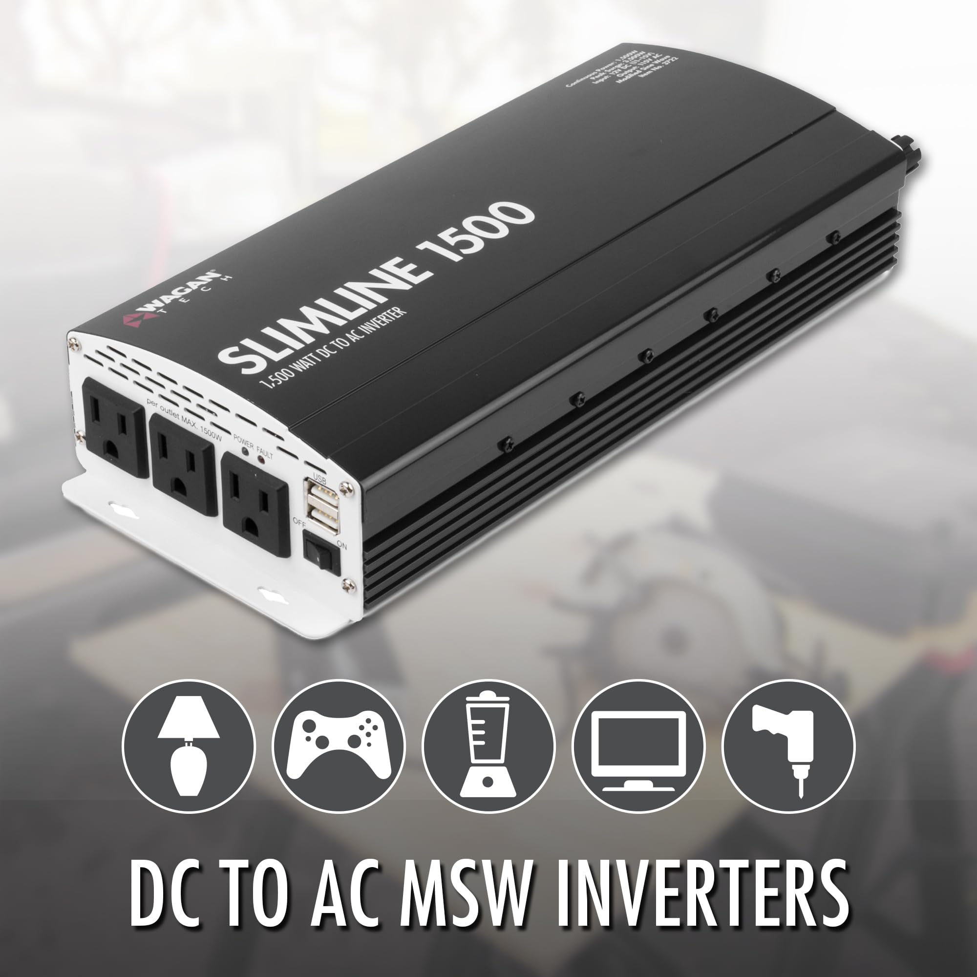 Wagan EL3722 Slim Line 1500W AC to DC Power Inverter 1500W TrueRated Continuous 3000W Surge Power DC 12V to AC 110V with 2 AC Outlets and 2A USB Charging Port